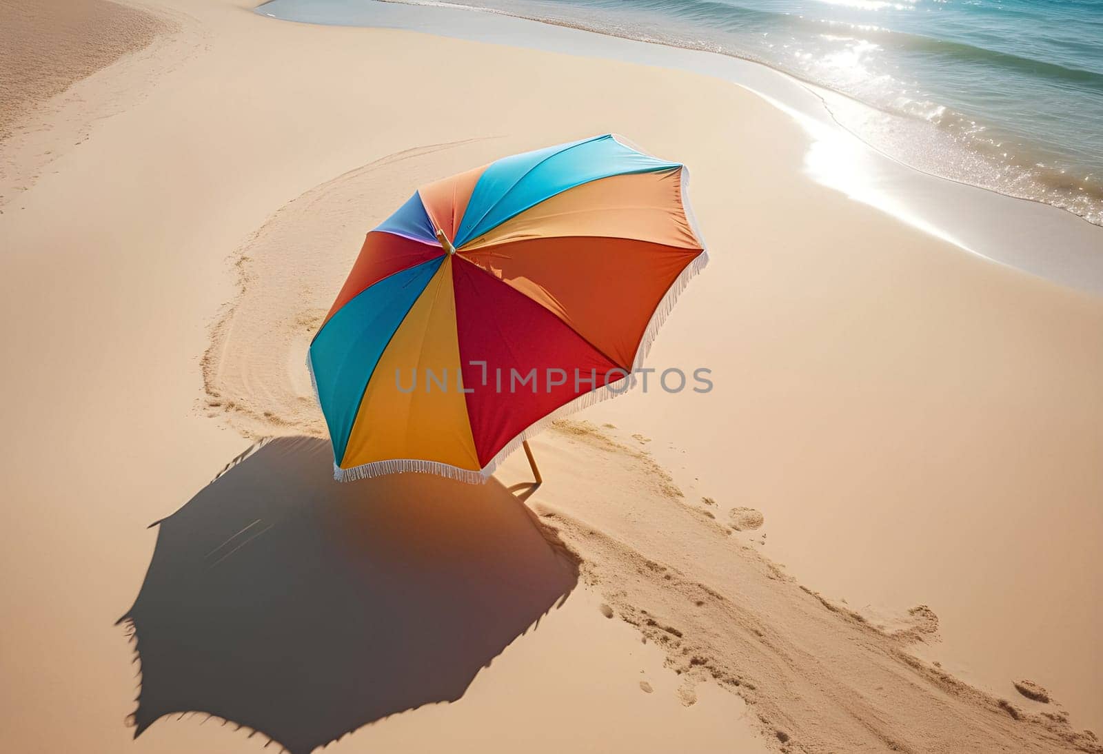 AI generated of a rainbow colored umbrella is on the beach with the sun shining on it and ocean