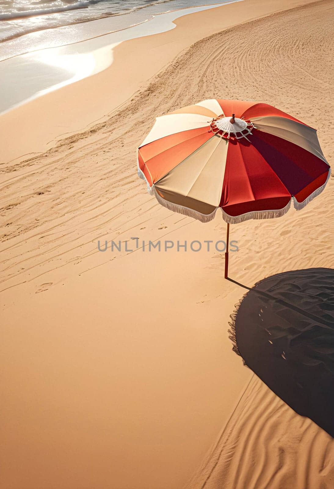 AI generated of a beach umbrella is open and the sun is setting