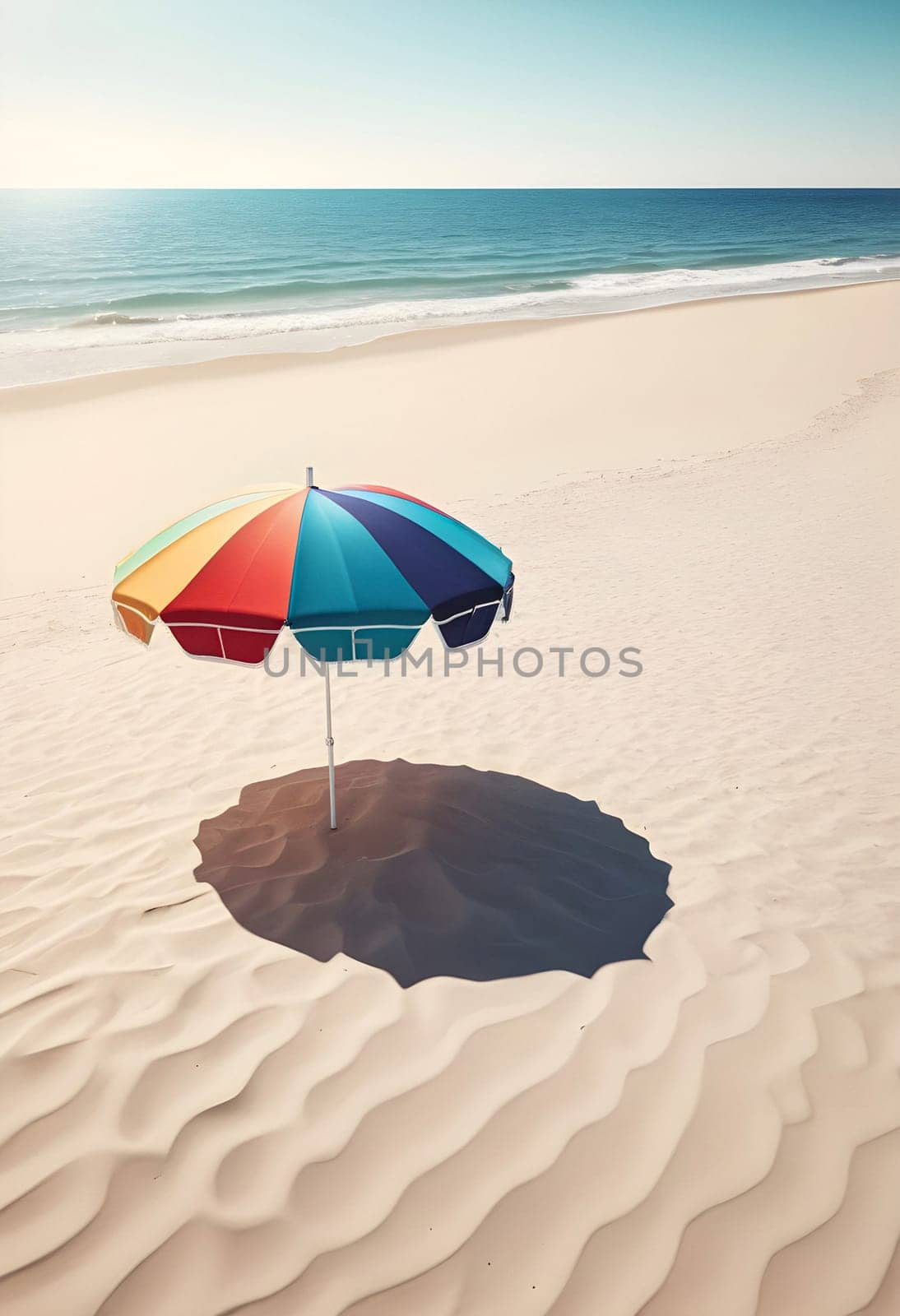 AI generated of a rainbow colored umbrella is on the beach