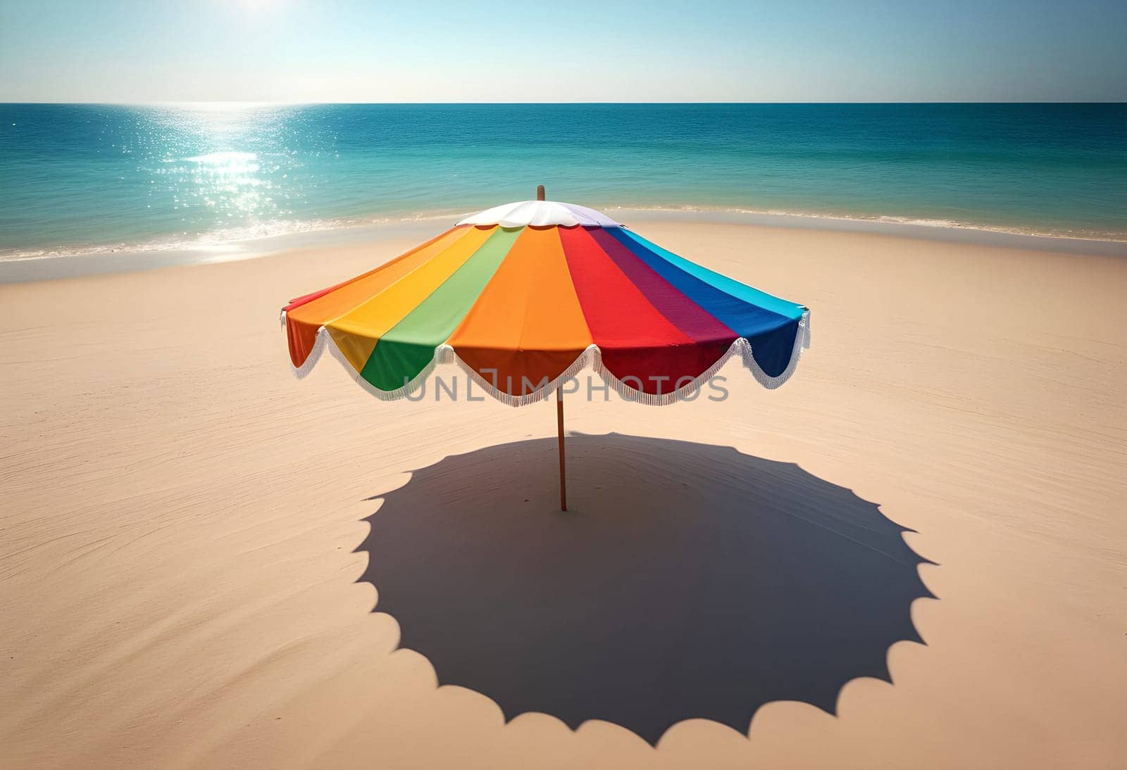 AI generated of a colorful umbrella on the beach with a shadow