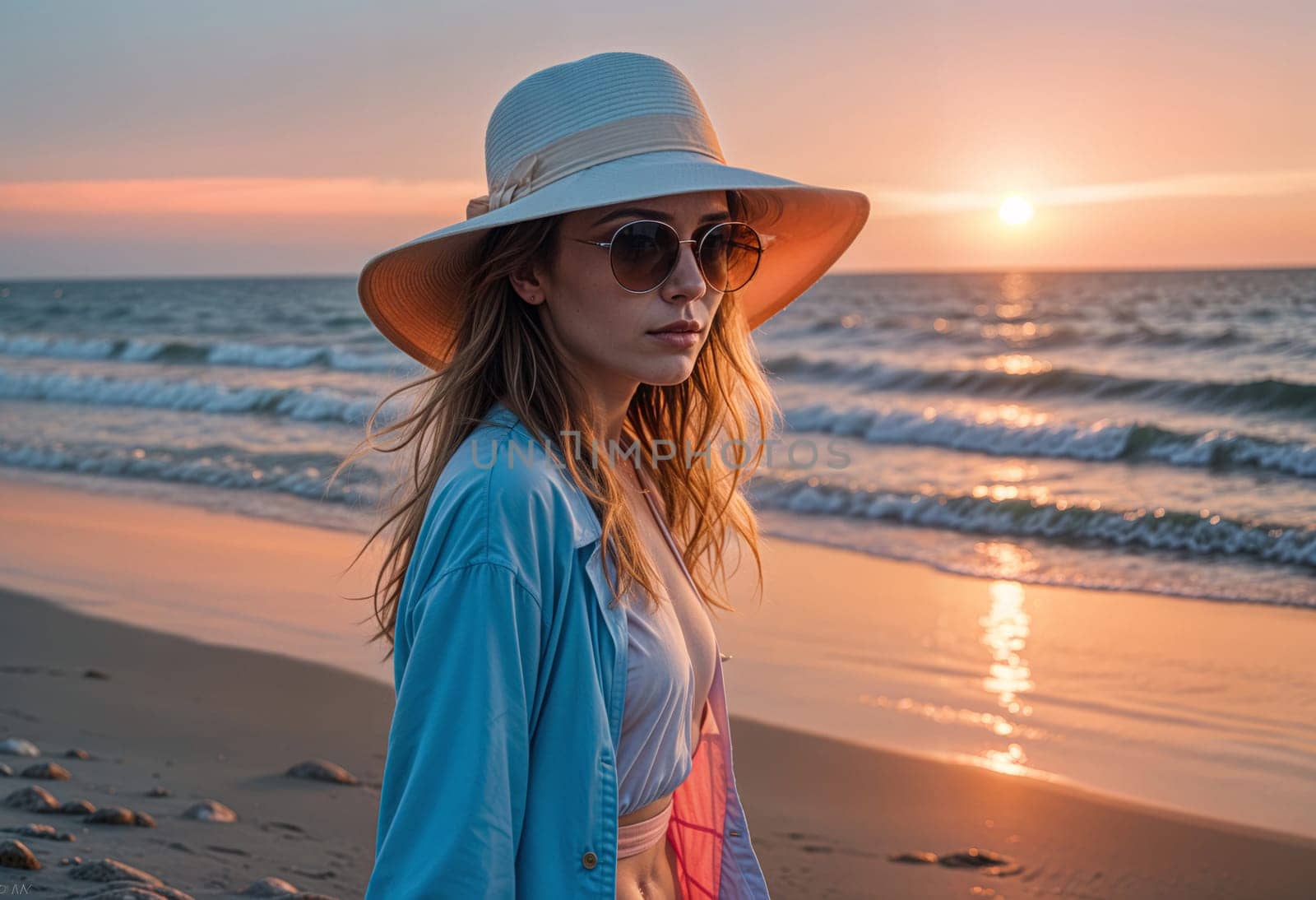 AI generated of a woman in a hat and sunglasses on the beach at sunset