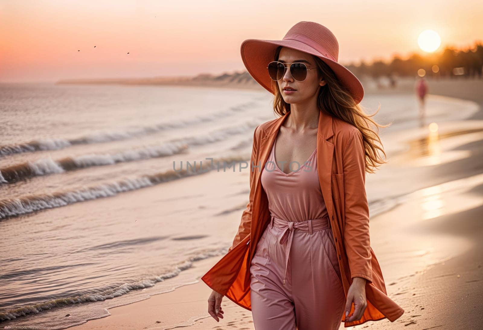 AI generated of a woman in a pink suit and hat walking on the beach