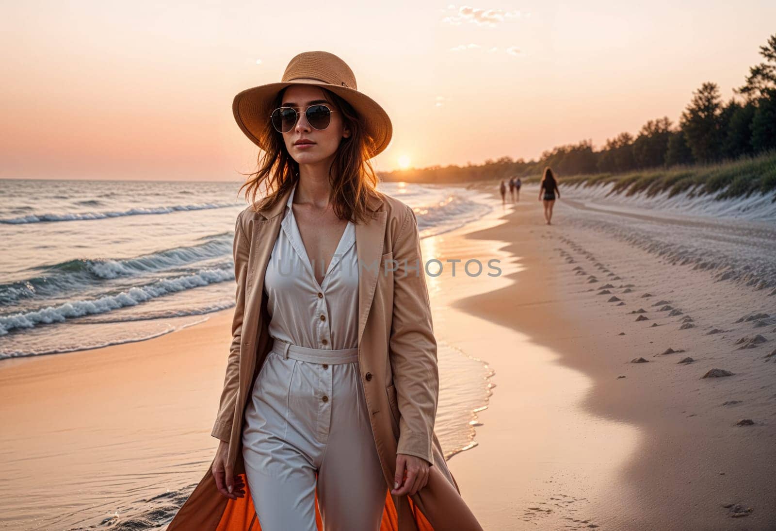 AI generated of a woman in a hat and sunglasses walking on the beach