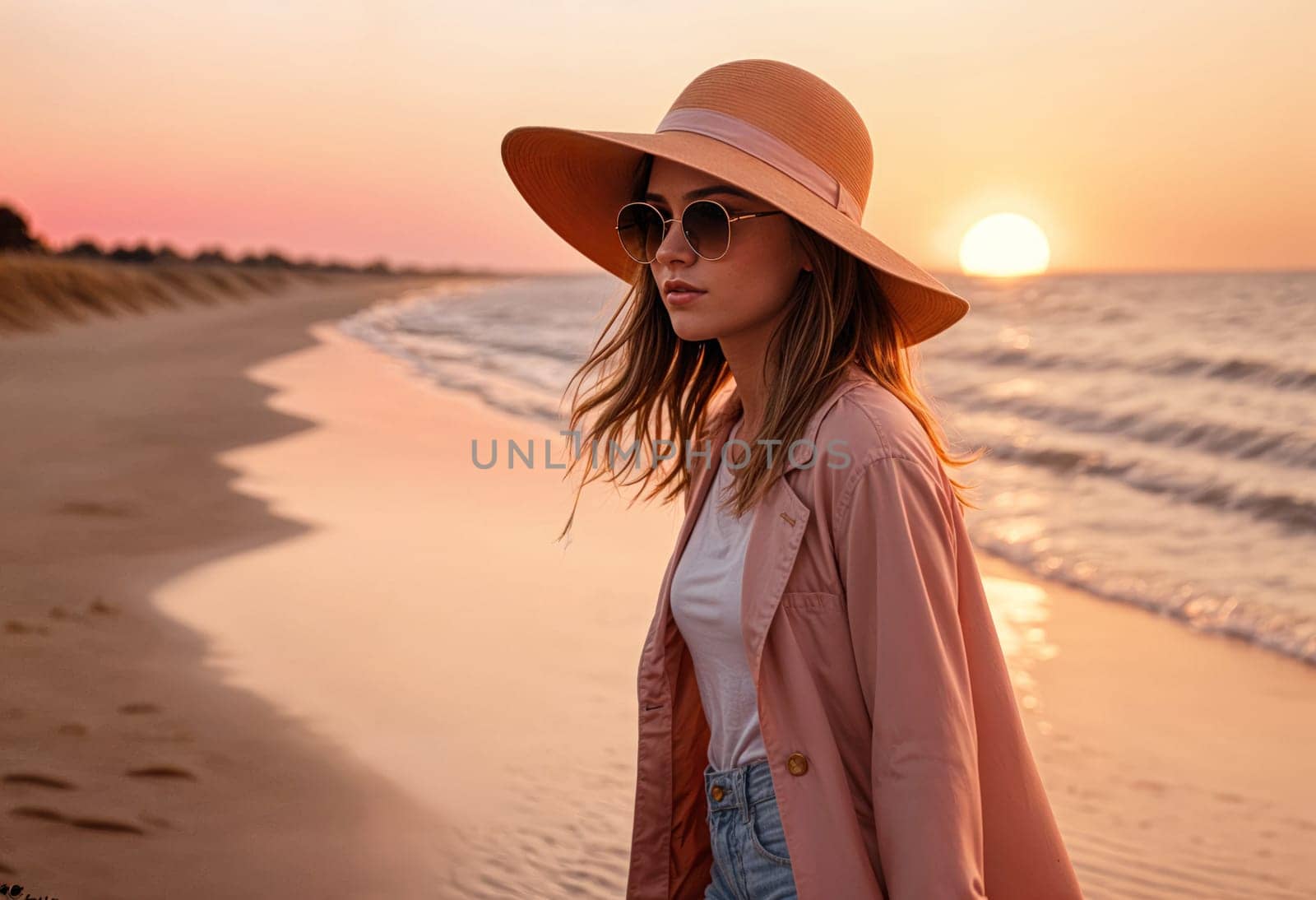 AI generated of a woman in a hat and sunglasses on the beach at sunset