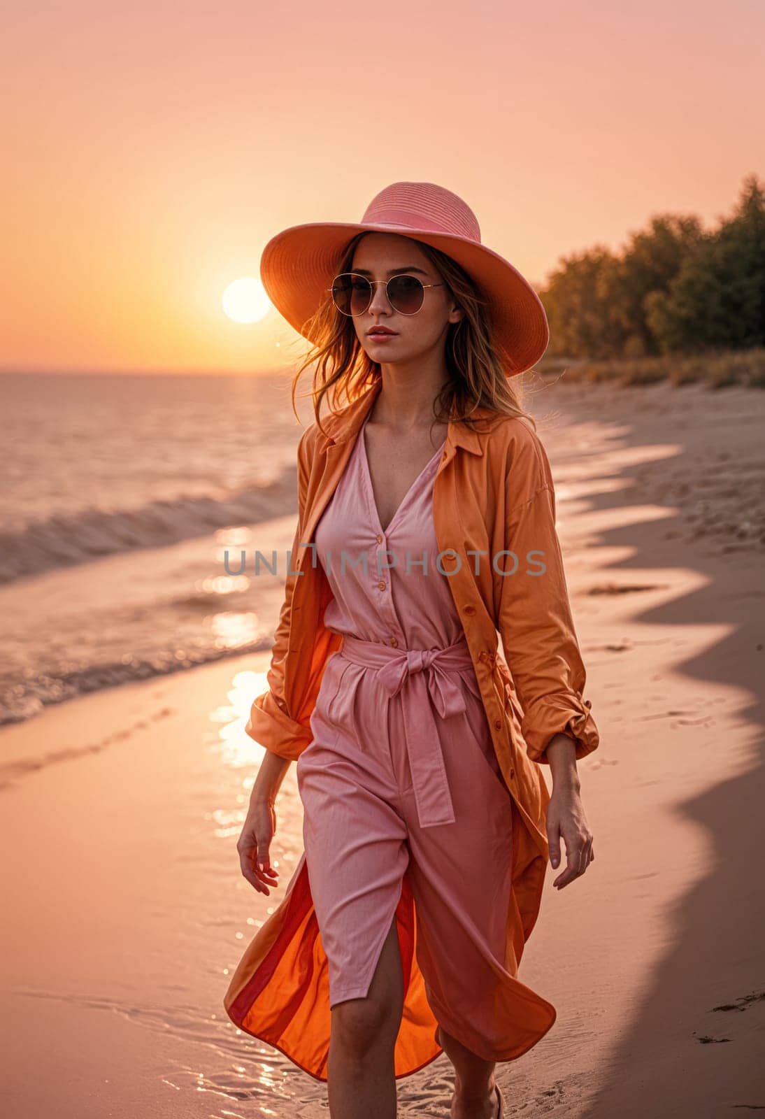 AI generated of a woman in a pink dress and hat walking on the beach