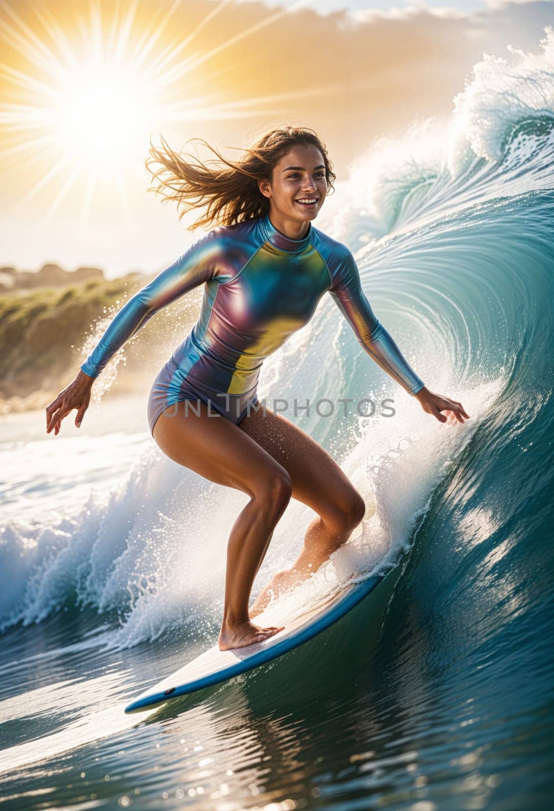 AI generated of a woman surfing on a wave with the sun shining on her face