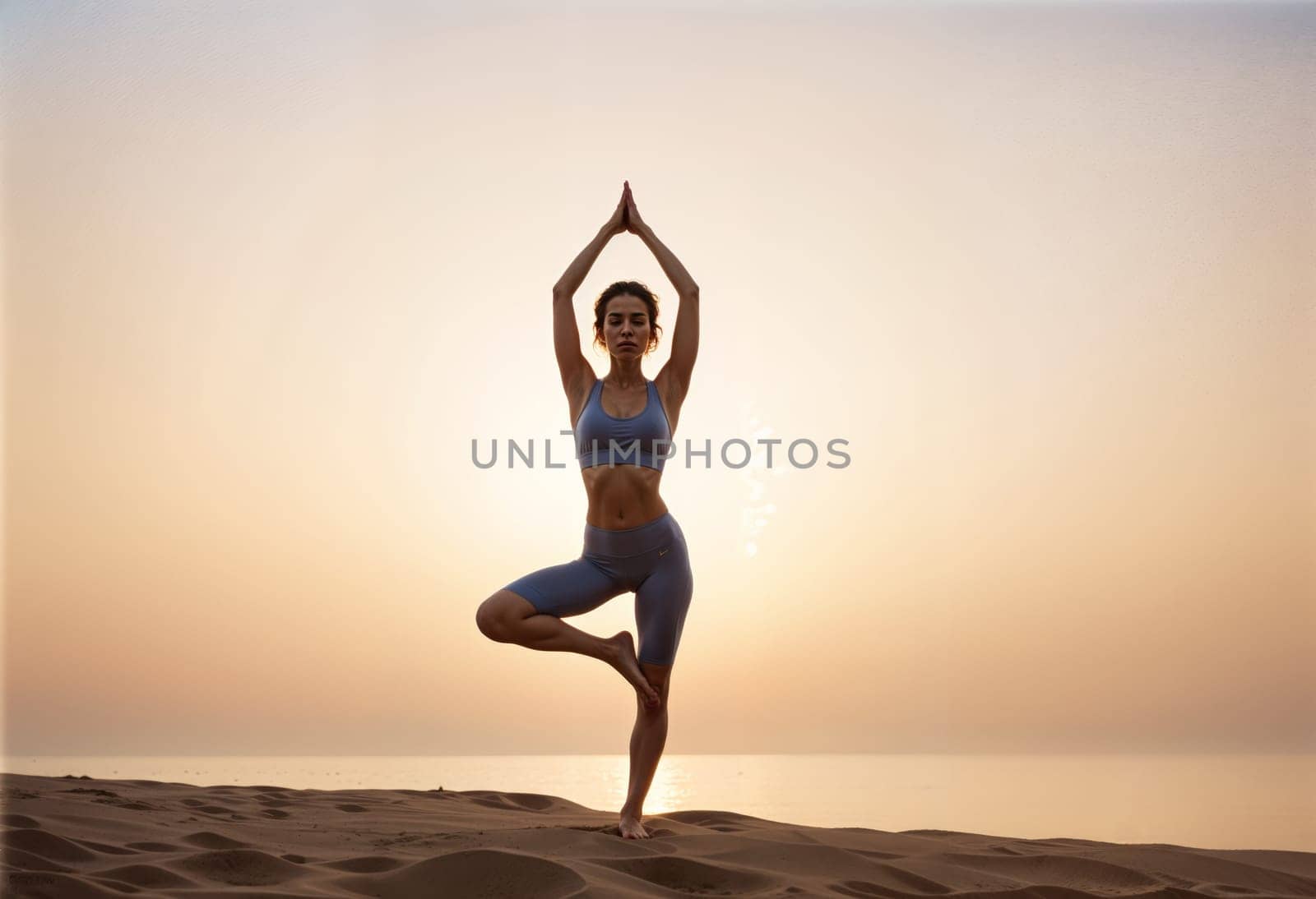 AI generated of a woman in a blue outfit is doing yoga on the beach