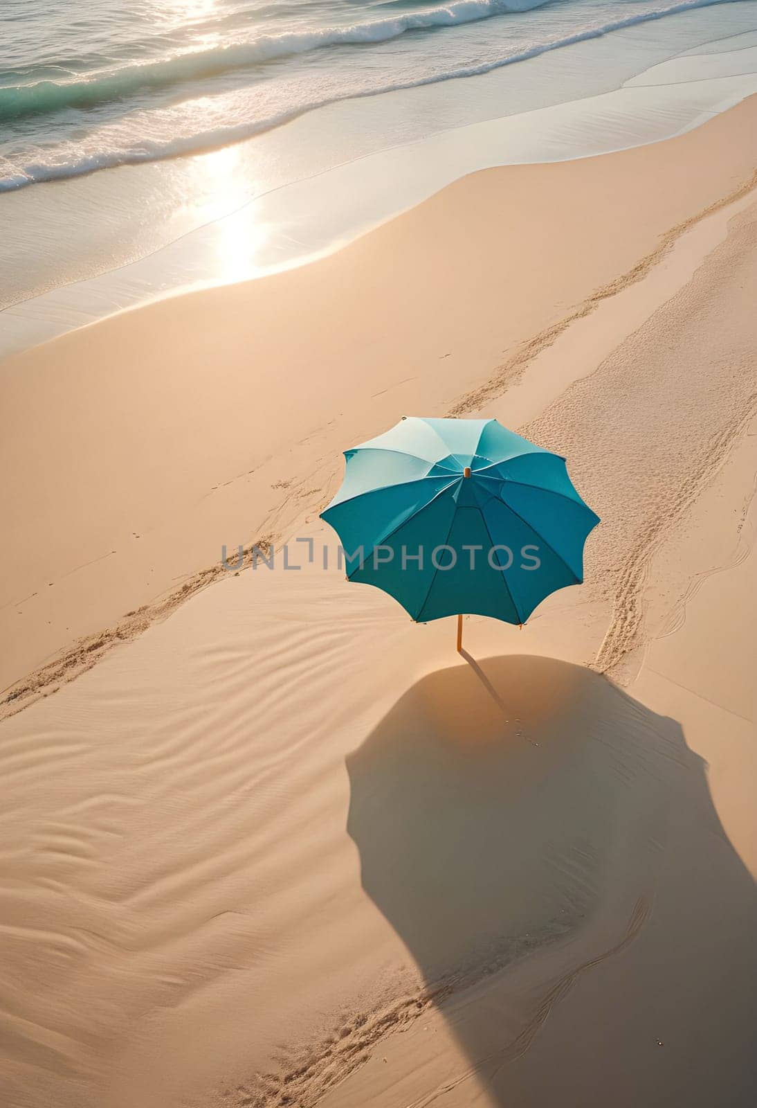 AI generated of a blue umbrella on a beach with sun setting on it
