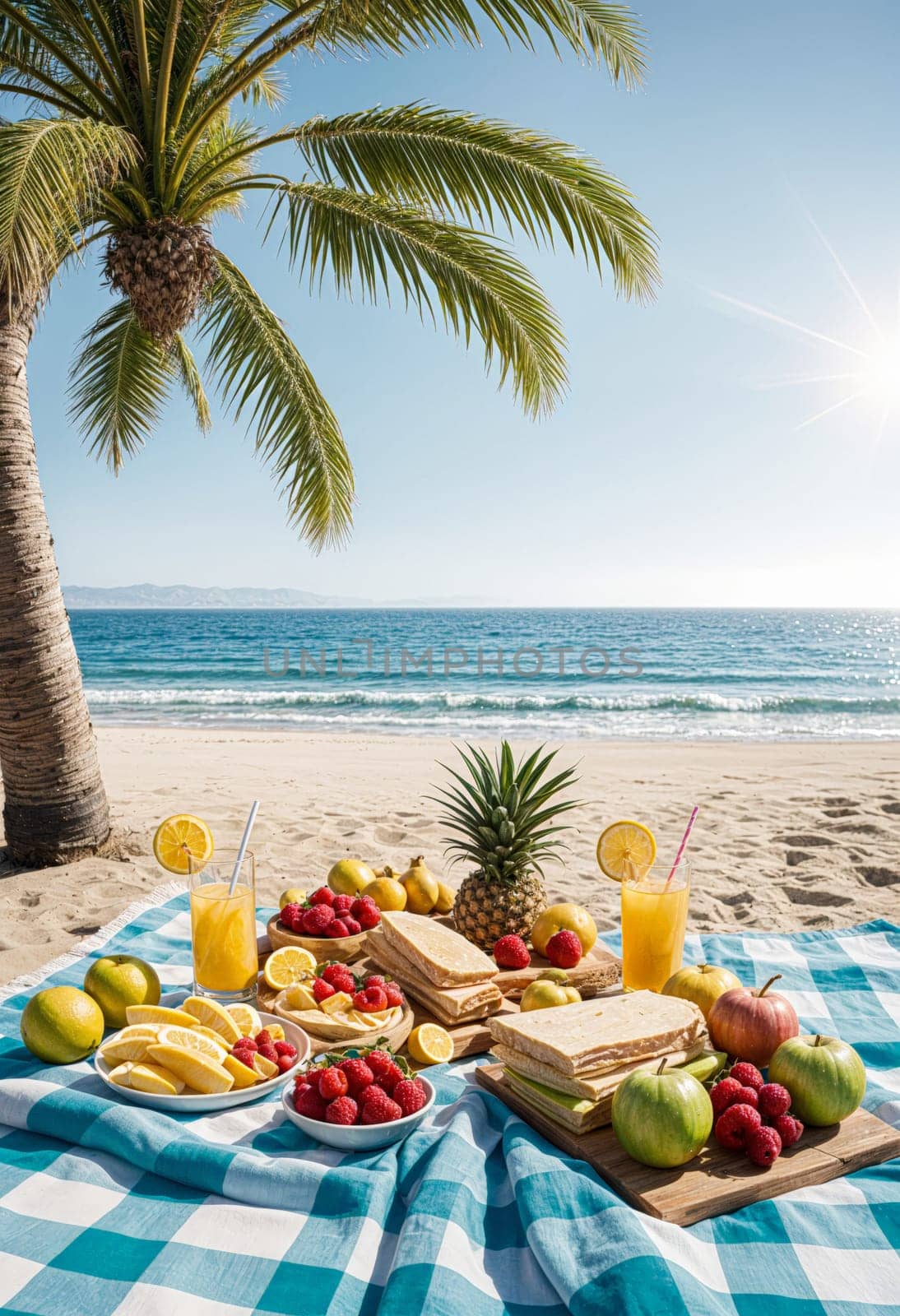 AI generated of a picnic table with fruit and sandwiches on it