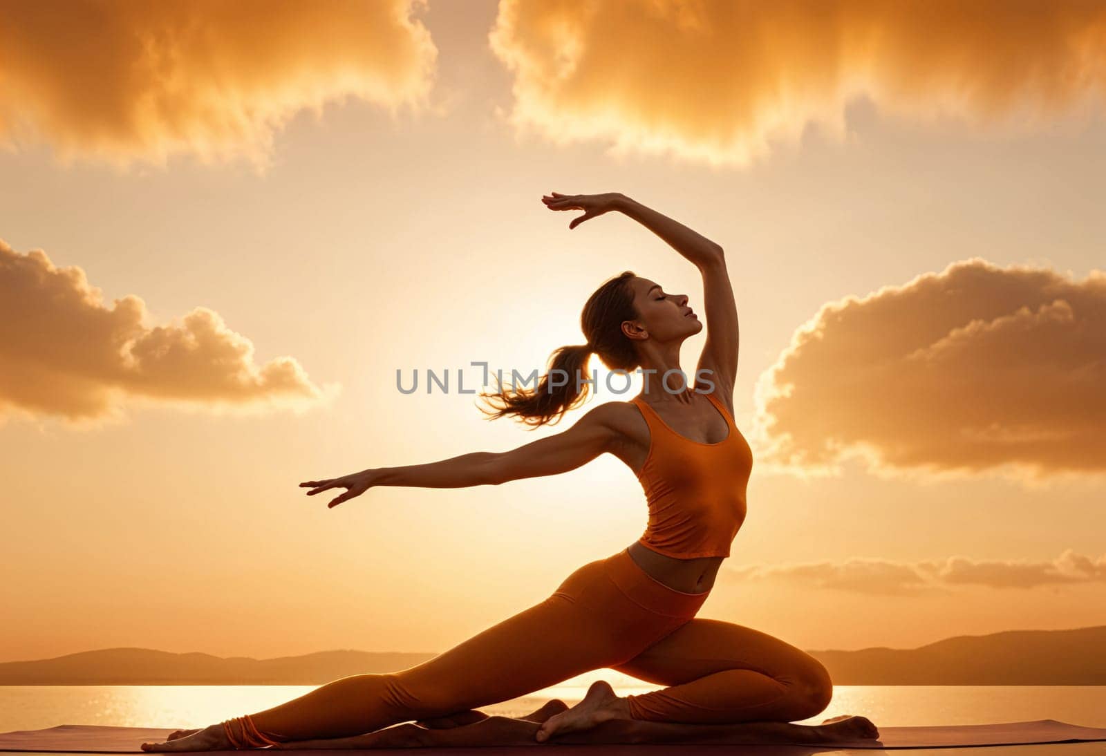 AI generated of a woman in orange is practicing yoga on the beach