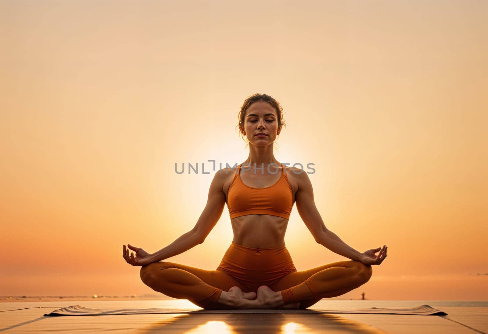 AI generated of a woman in an orange top is doing yoga in the sun