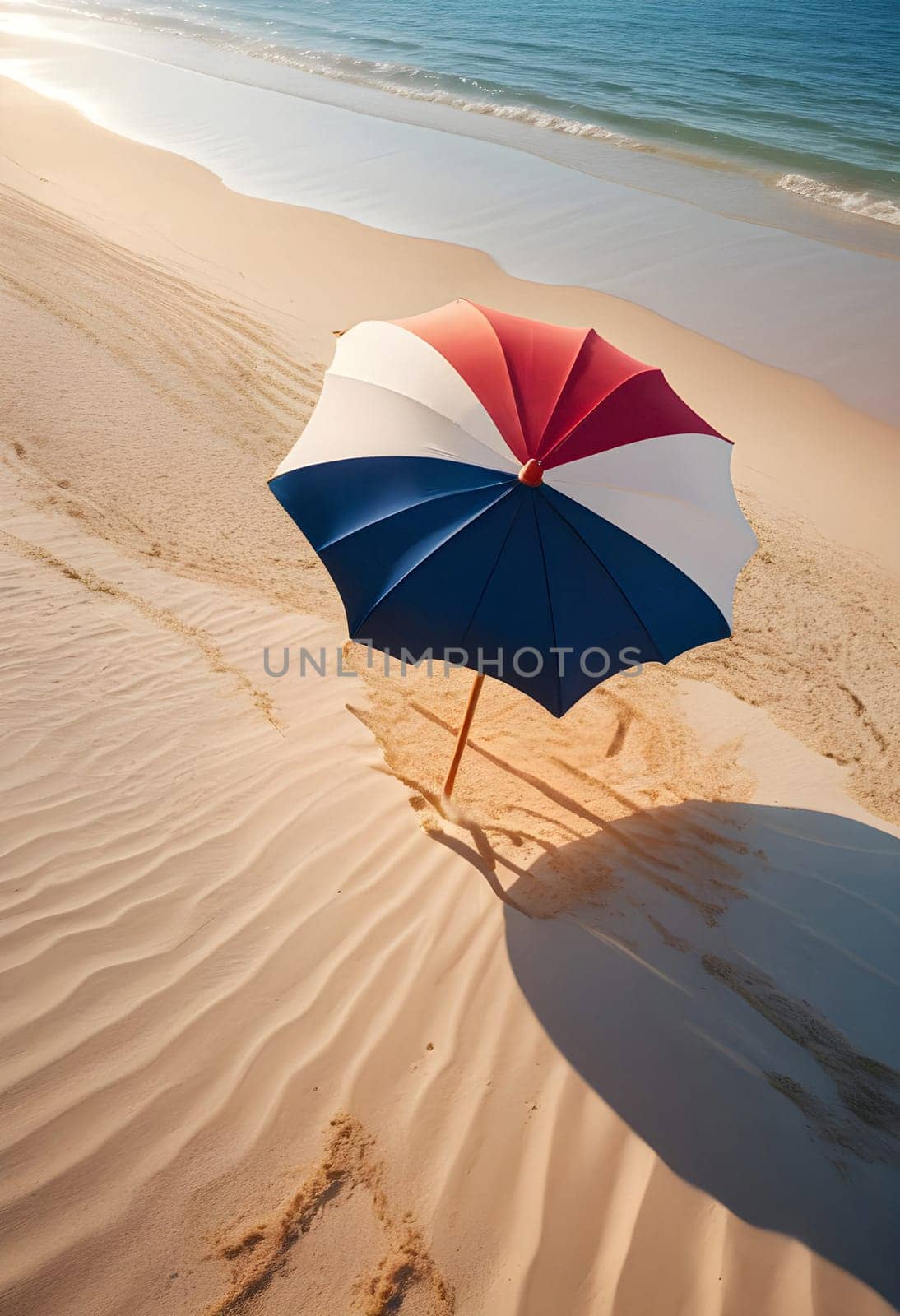 AI generated of an umbrella on the sand with the ocean in the background
