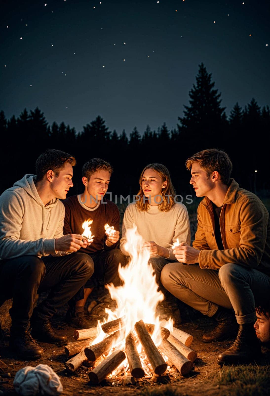 AI generated of four friends sitting around a campfire at night with the stars in the background