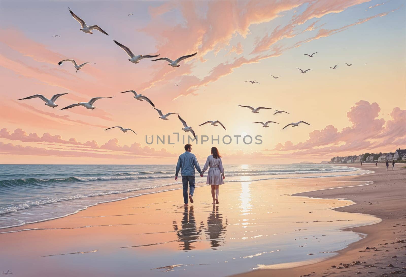 AI generated of couple walking on the beach with birds flying in the sky
