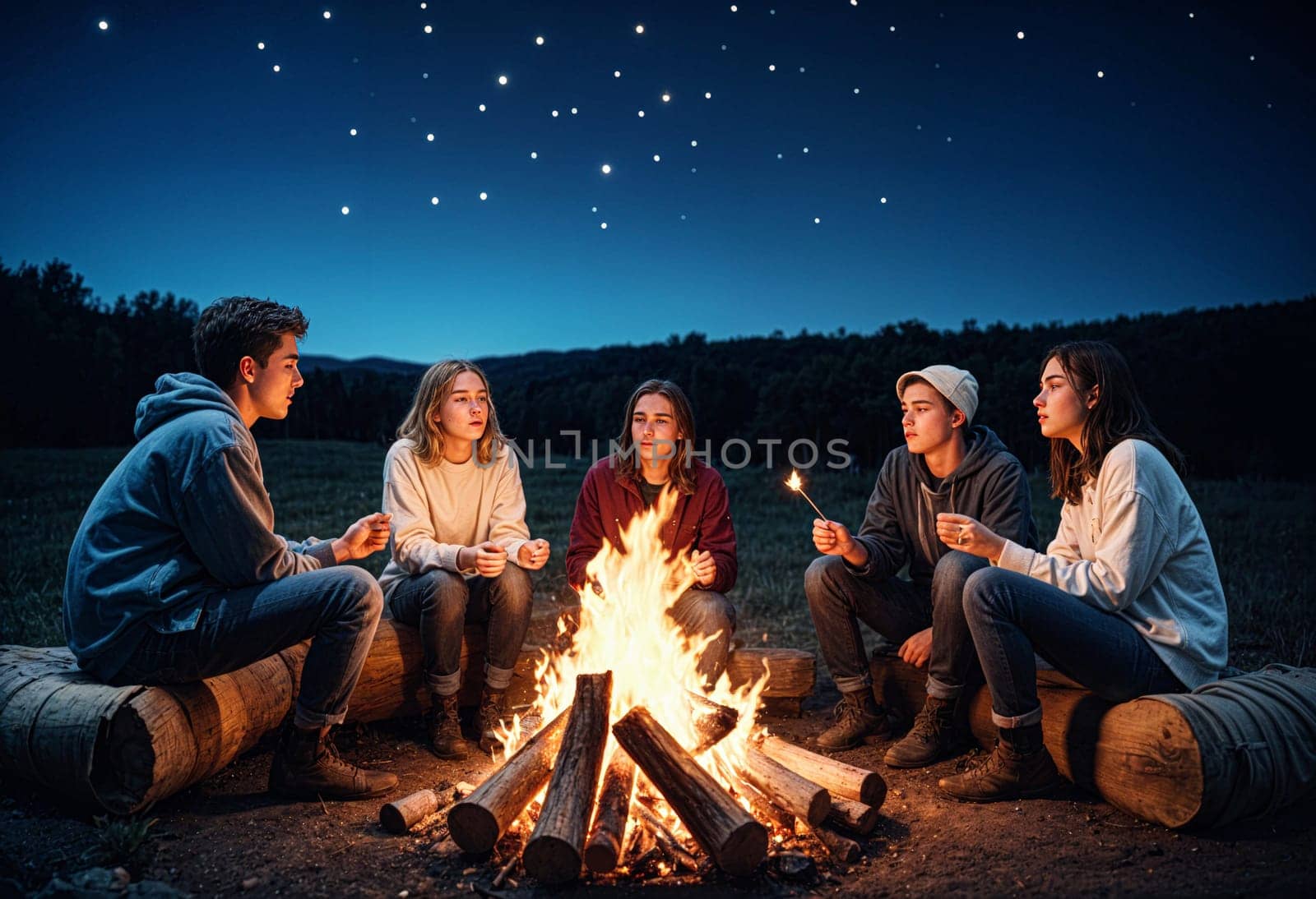 AI generated of a group of friends sitting around a campfire at night