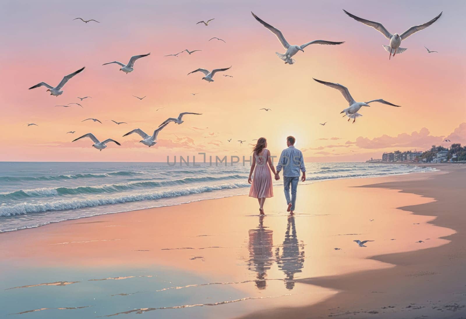 AI generated of a photo of a couple walking on the beach with seagulls flying overhead