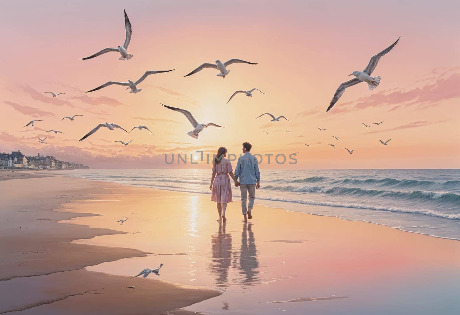 AI generated of a photo of two people walking on the beach at sunset surrounded by seaguls in the sky