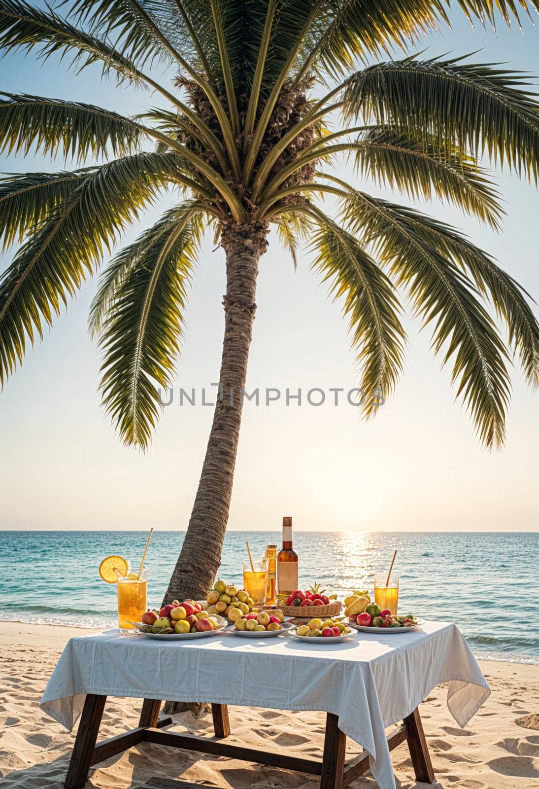 AI generated of a palm tree is next to a table with food and drinks on it