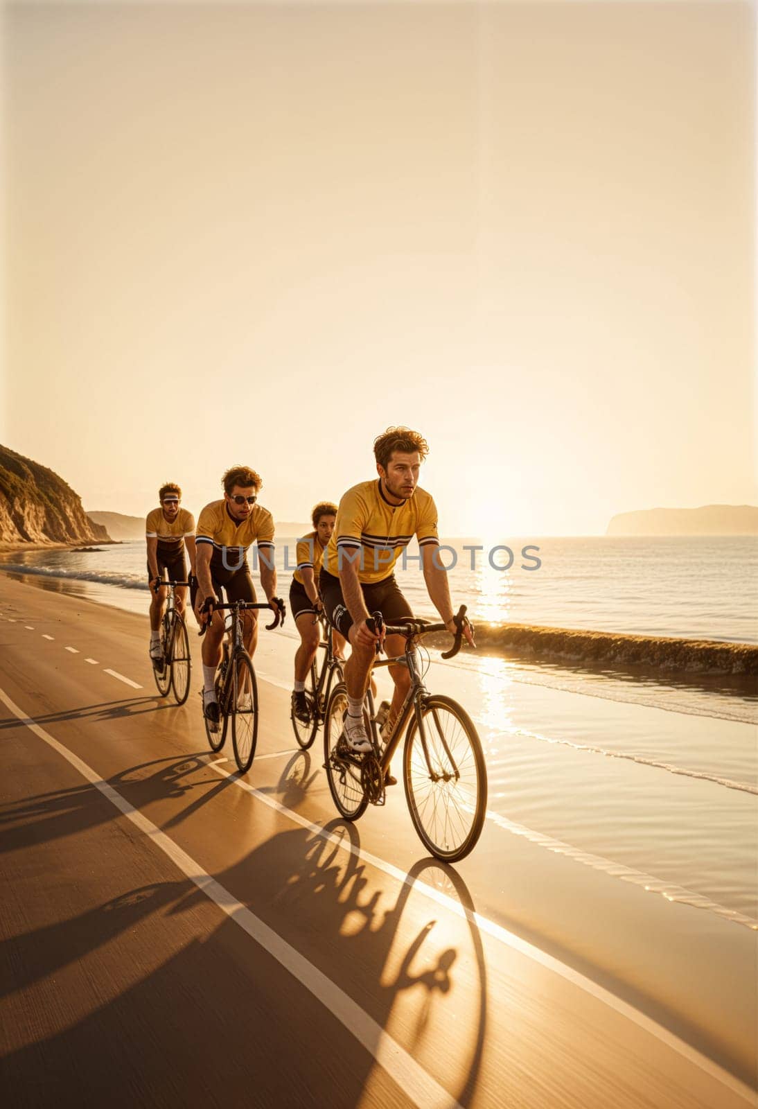 AI generated of a group of people riding bikes down a road with the sun behind them