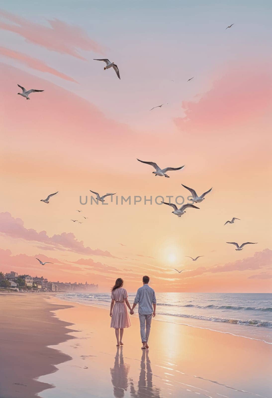 AI generated of a photo of a couple walking on the beach at sunset
