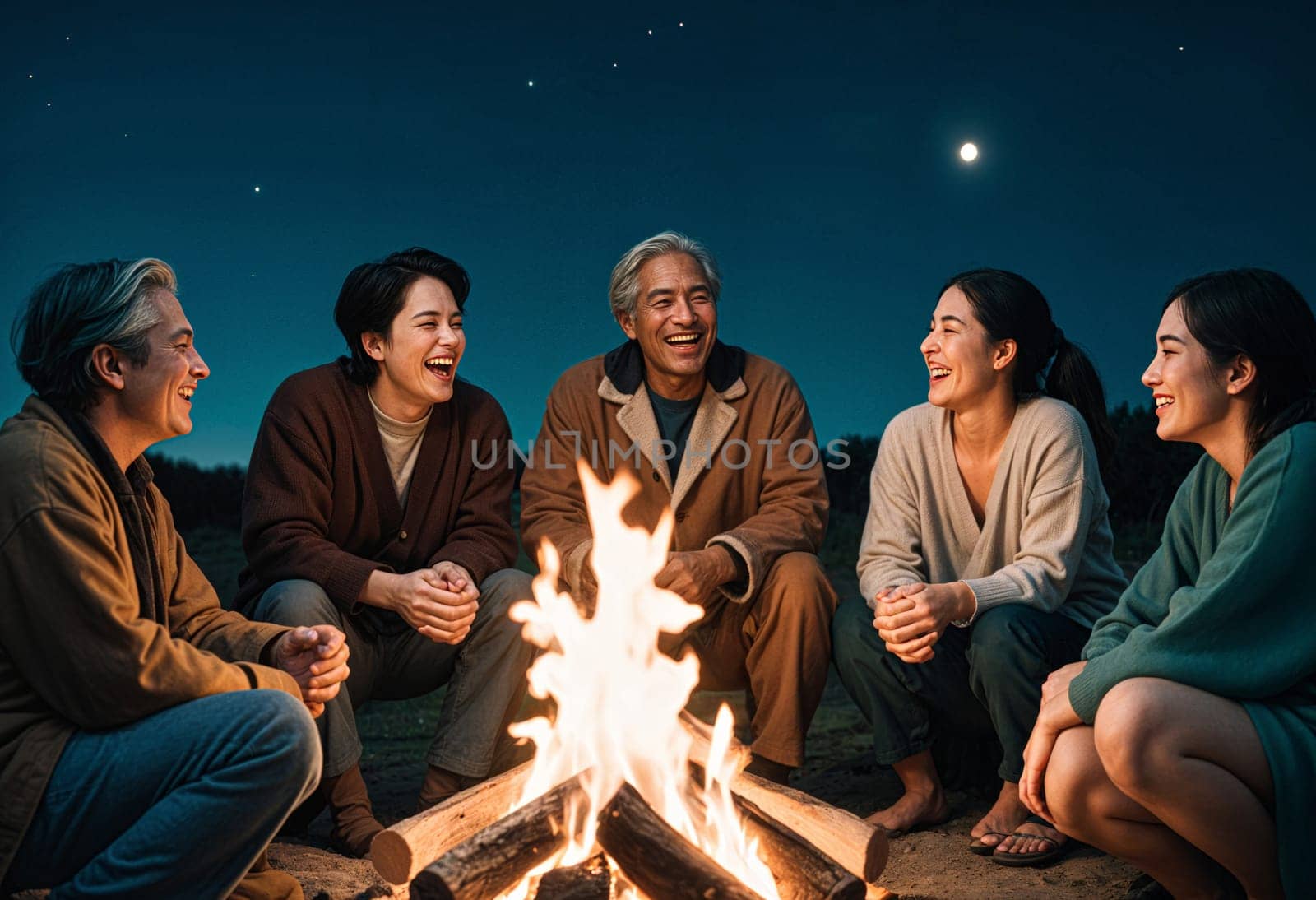 AI generated of five people sitting around a campfire at night