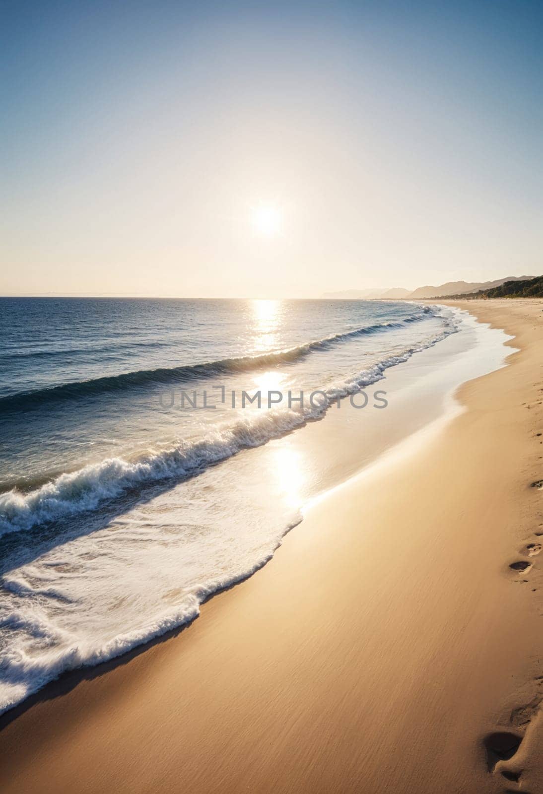 AI generated of a beach with footprints and waves at sunset
