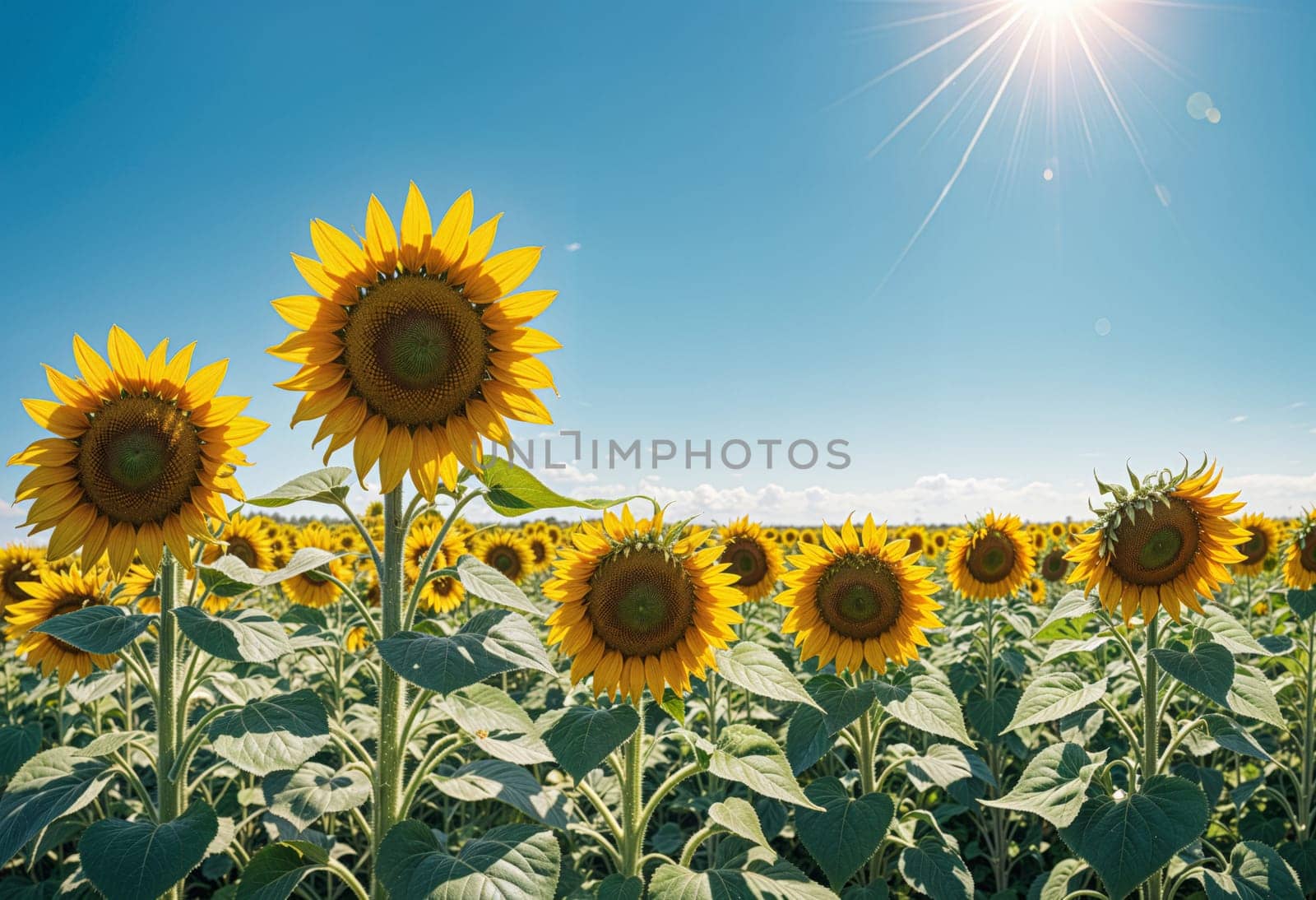 AI generated of a field of sunflowers with the sun shining brightly