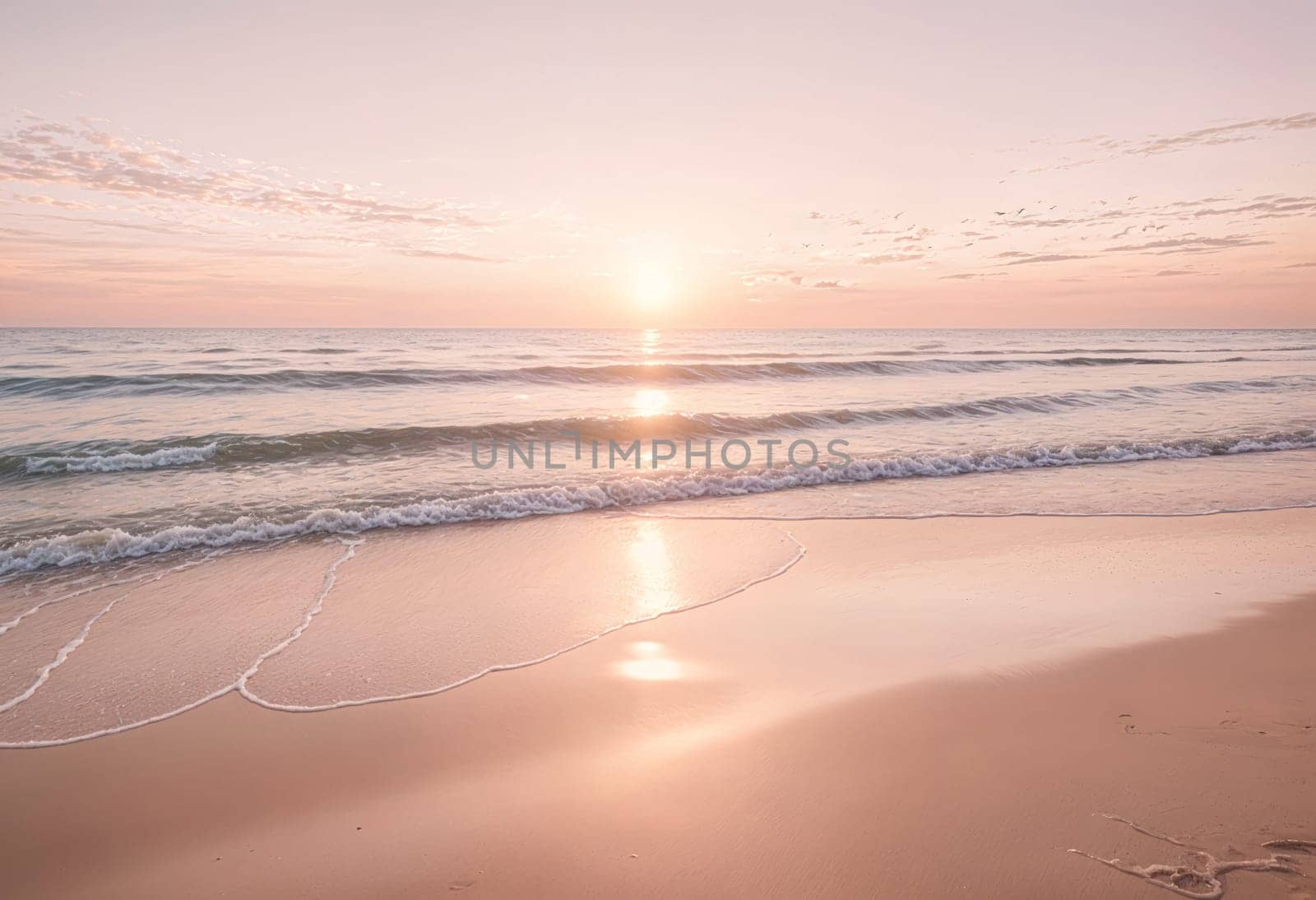 AI generated of a beach with waves and the sun setting in the distance