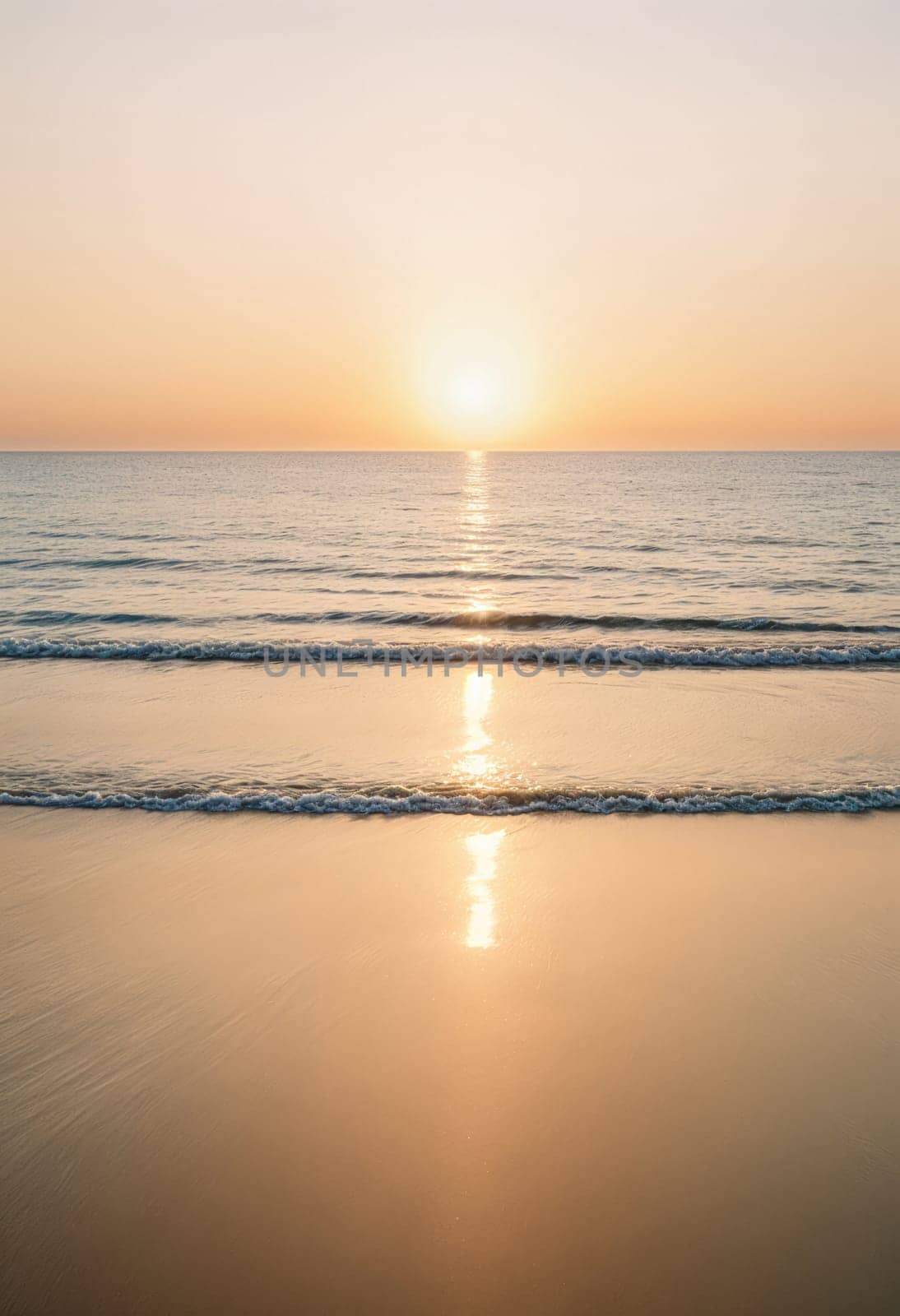 AI generated of a sunset over the ocean with waves and sand