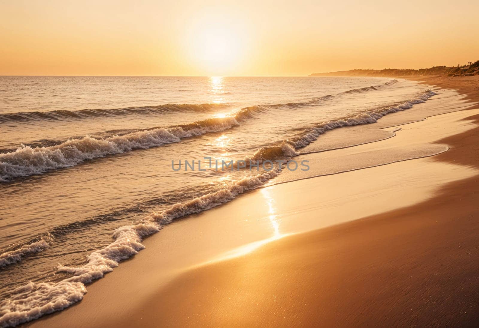 AI generated of a beach with waves and the sun setting over the ocean