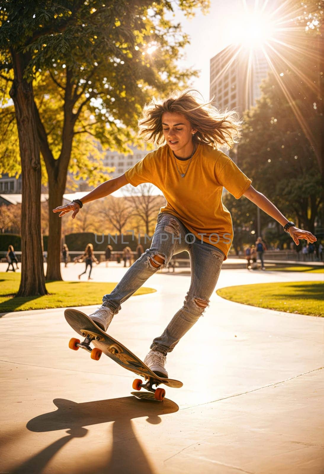AI generated of a young woman riding a skateboard in a park