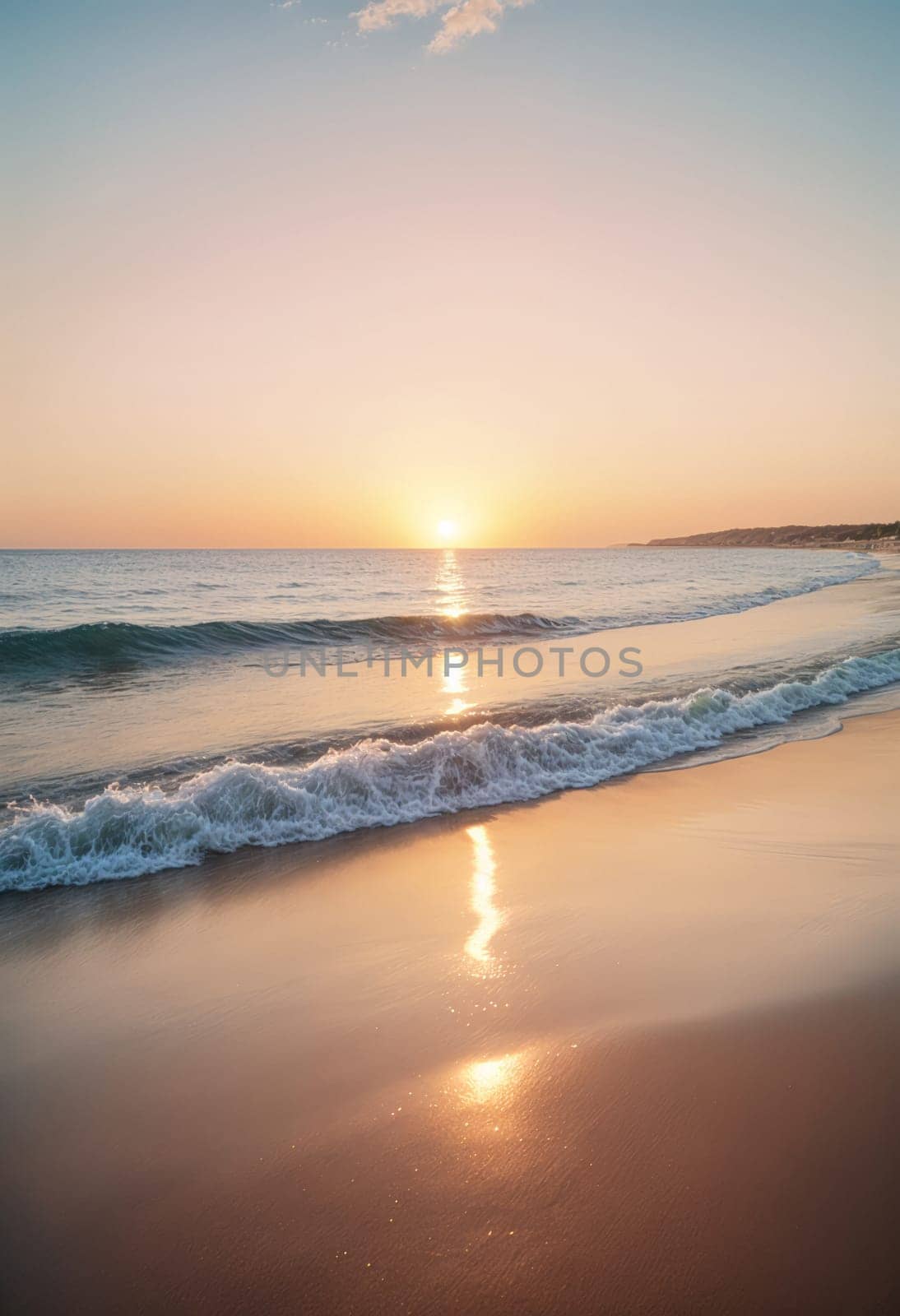AI generated of a beach at sunset with waves and the sun