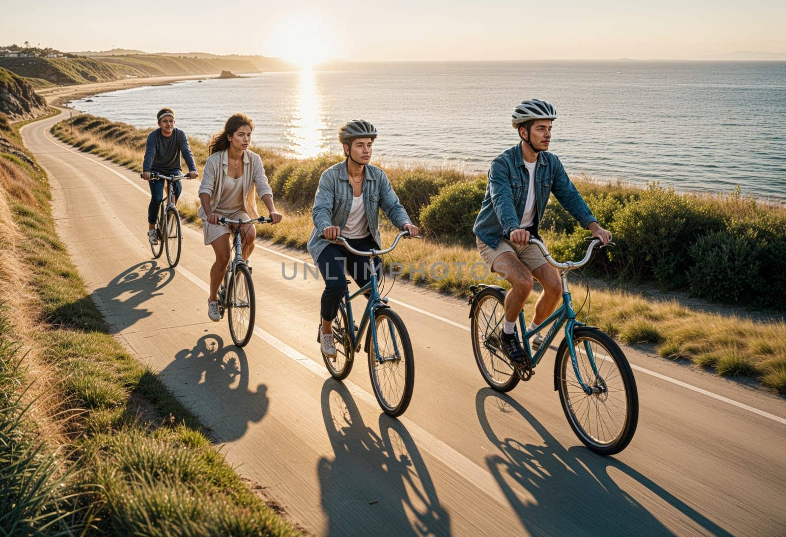 AI generated of a group of people riding bicycles down a road with the ocean in the background