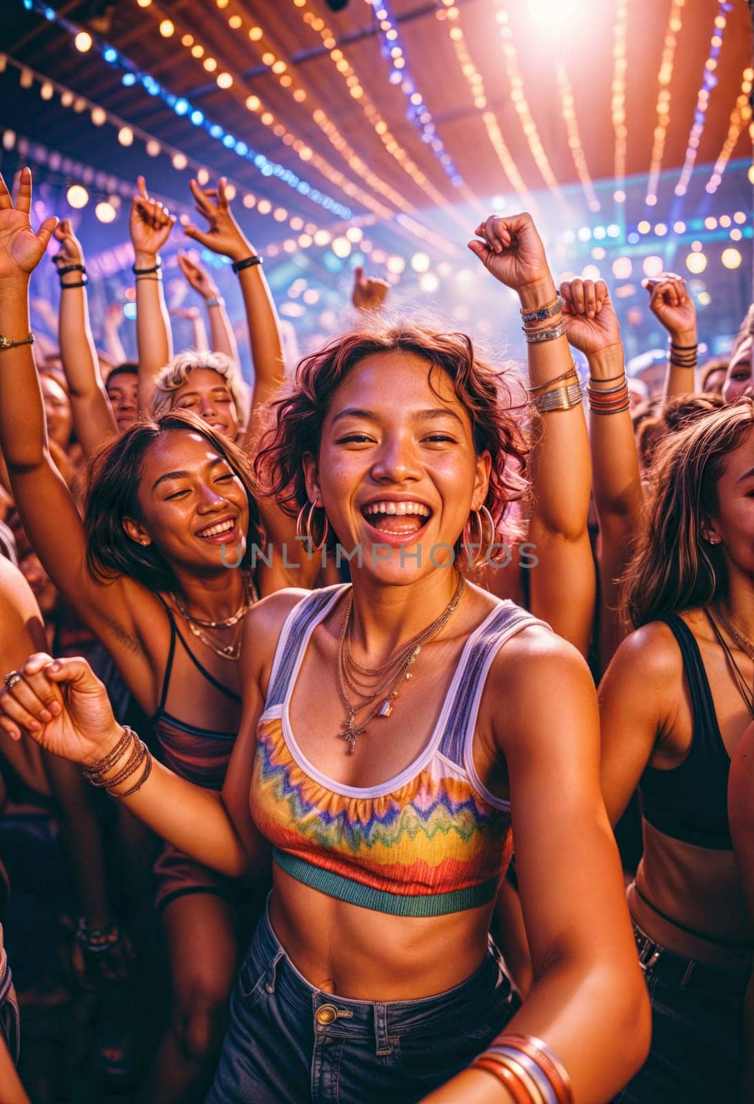 AI generated of a young woman smiling and dancing in front of a group of people at a music festival