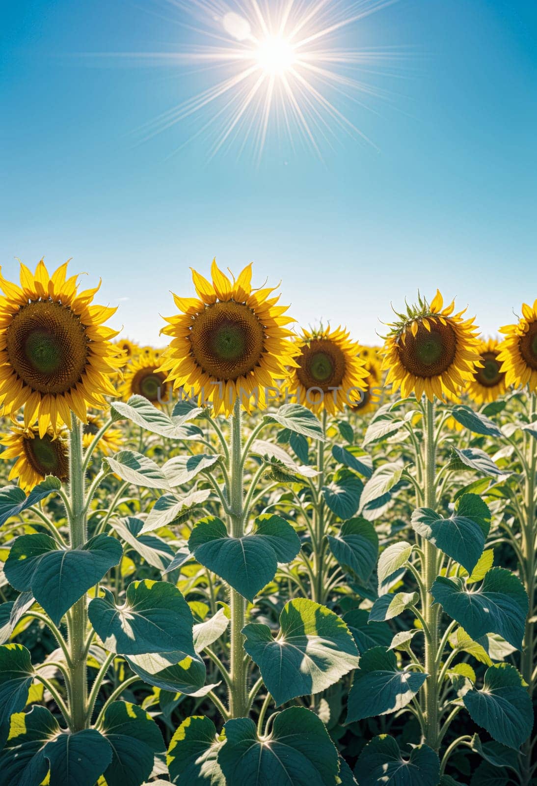 AI generated of sunflowers in a field with the sun shining in the background