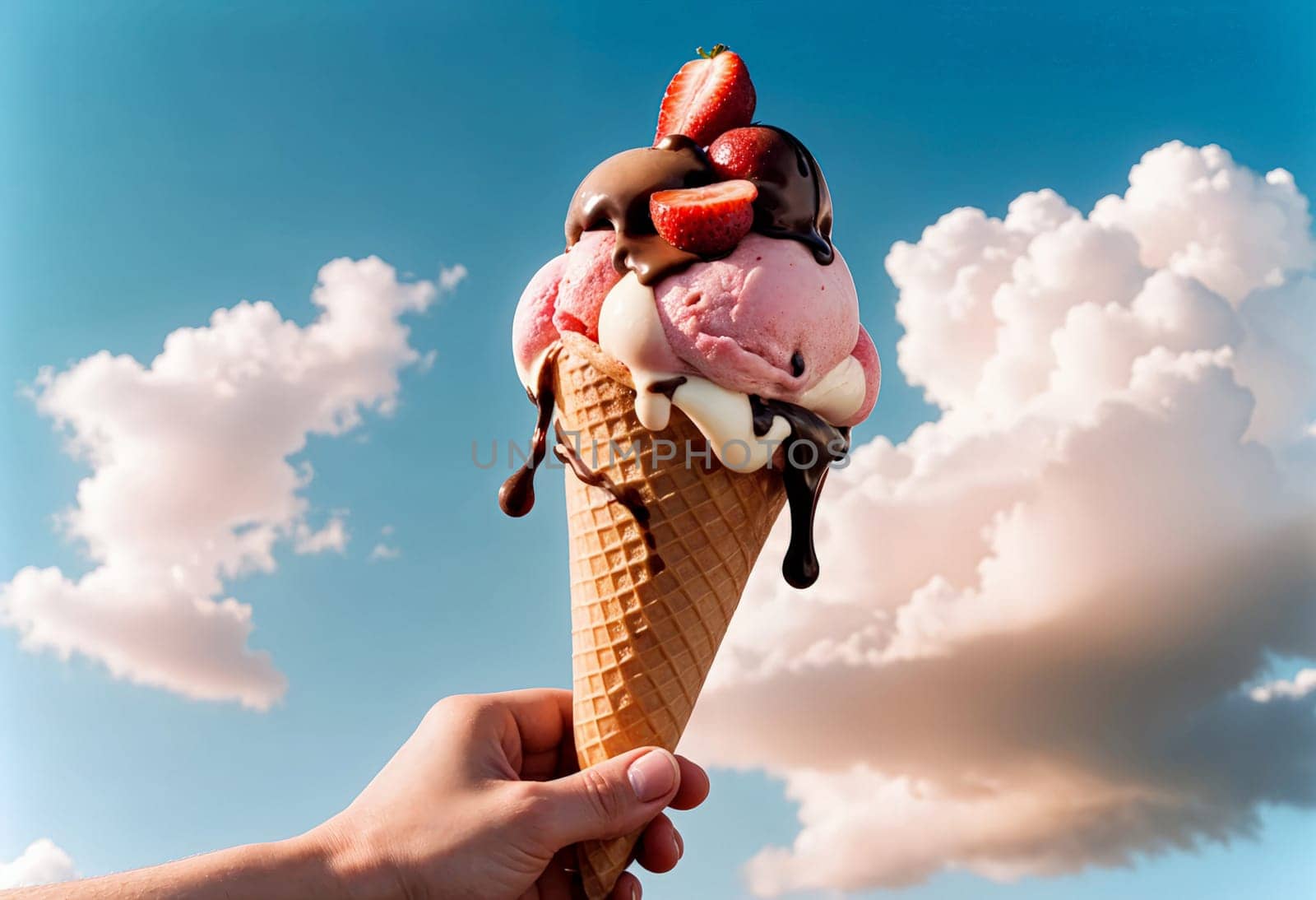 AI generated of a hand holding an ice cream cone with chocolate and strawberries fruit on it