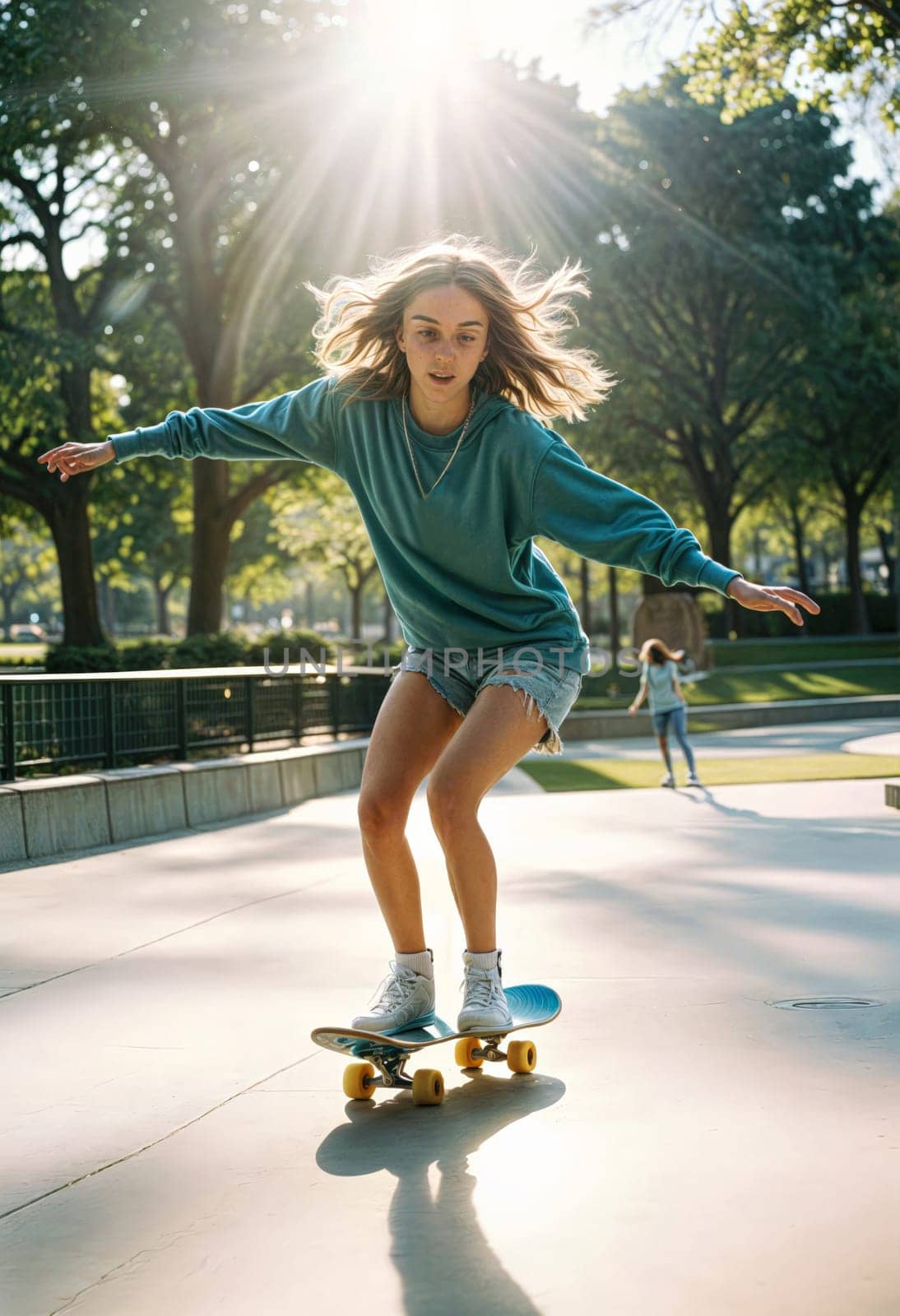AI generated of a girl on a skateboard with her arms outstretched on a skate park