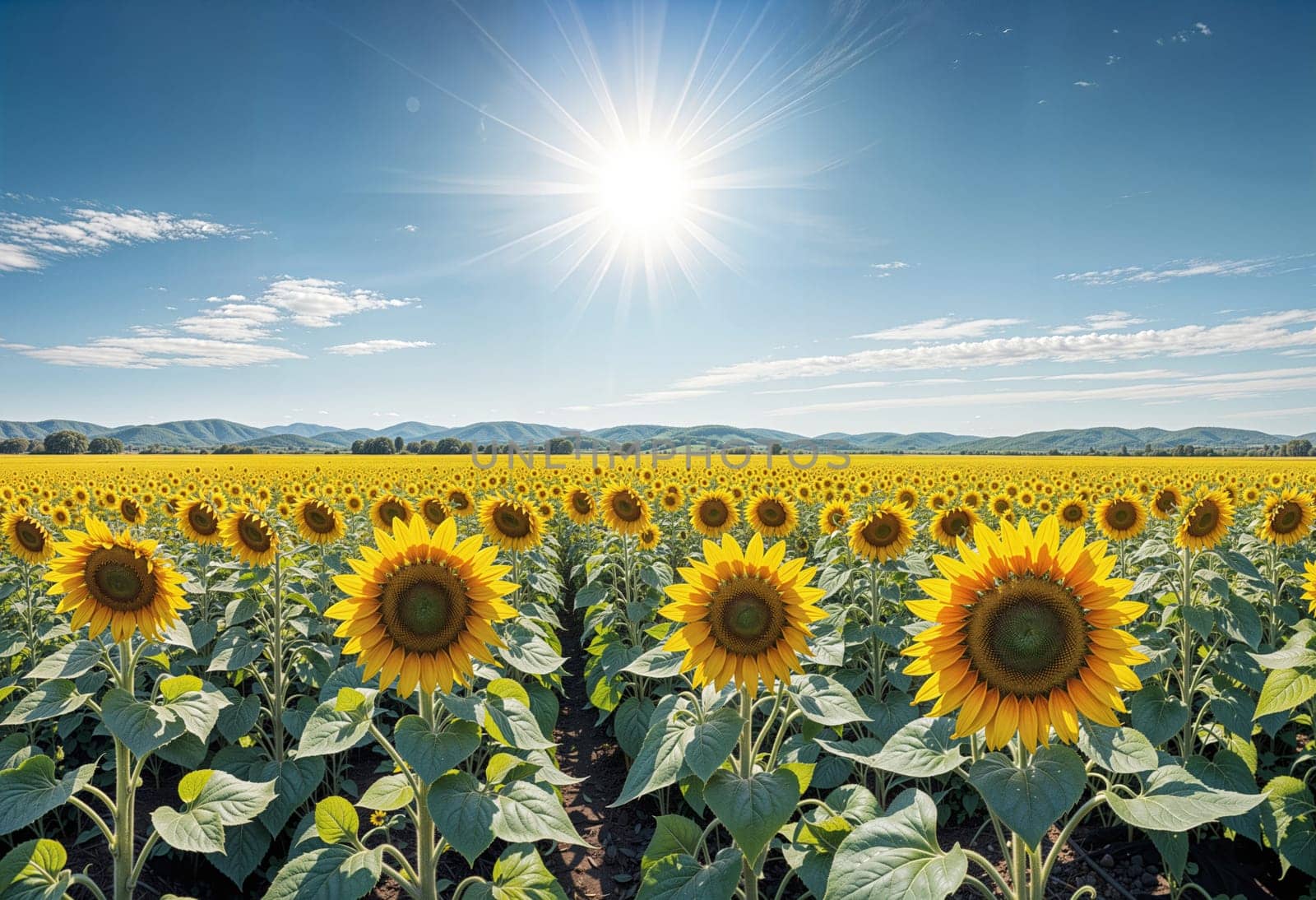 AI generated of a large field of sunflowers with the sun shining through the clouds