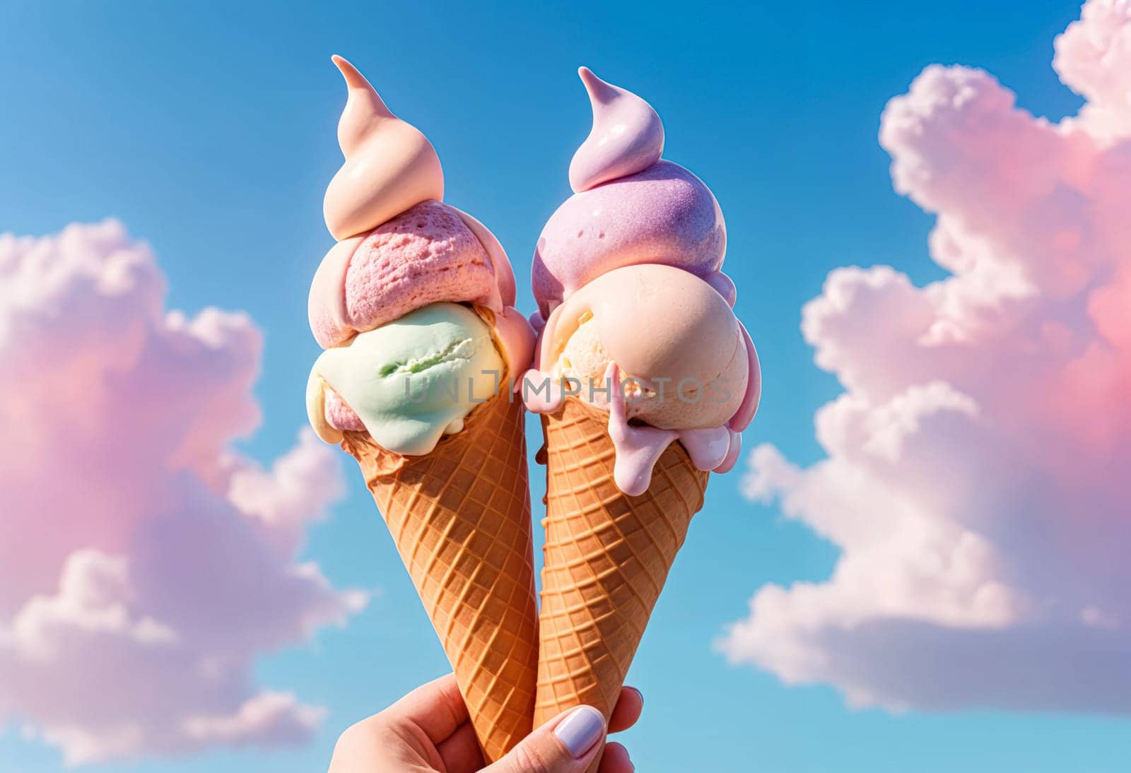 AI generated of a person holds two ice cream cones with different colors in front of a blue sky