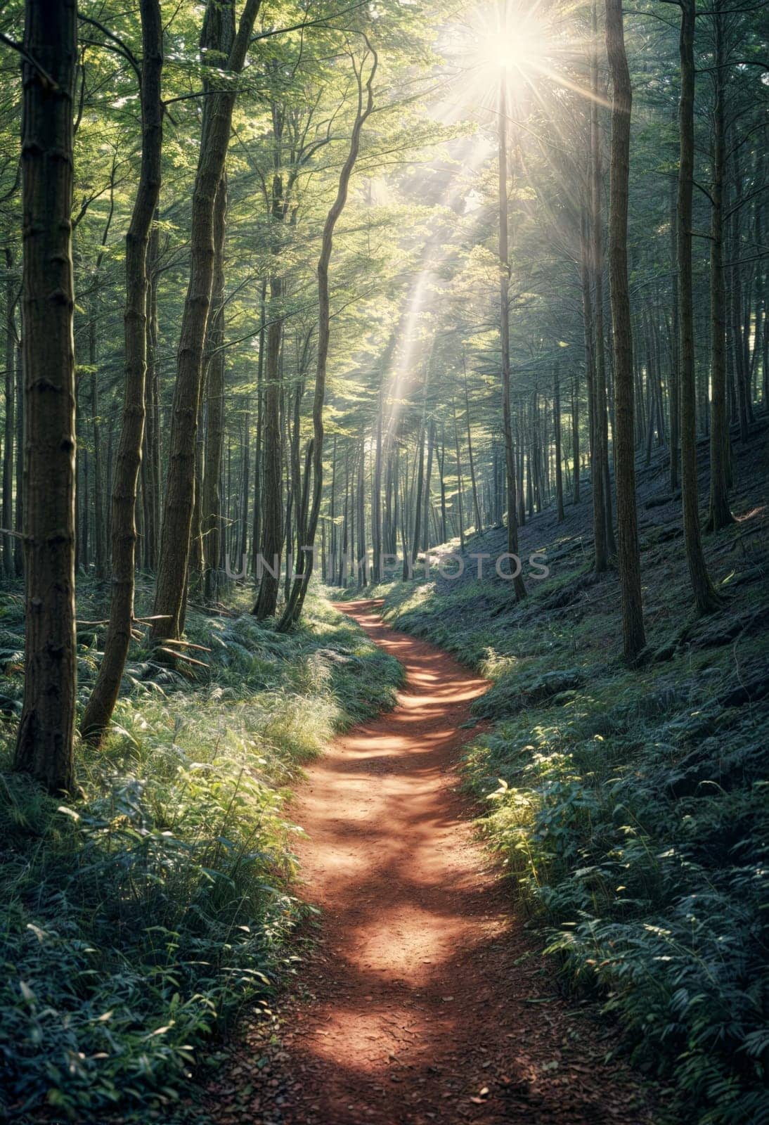 AI generated of a path through a forest with sunlight shining through the trees