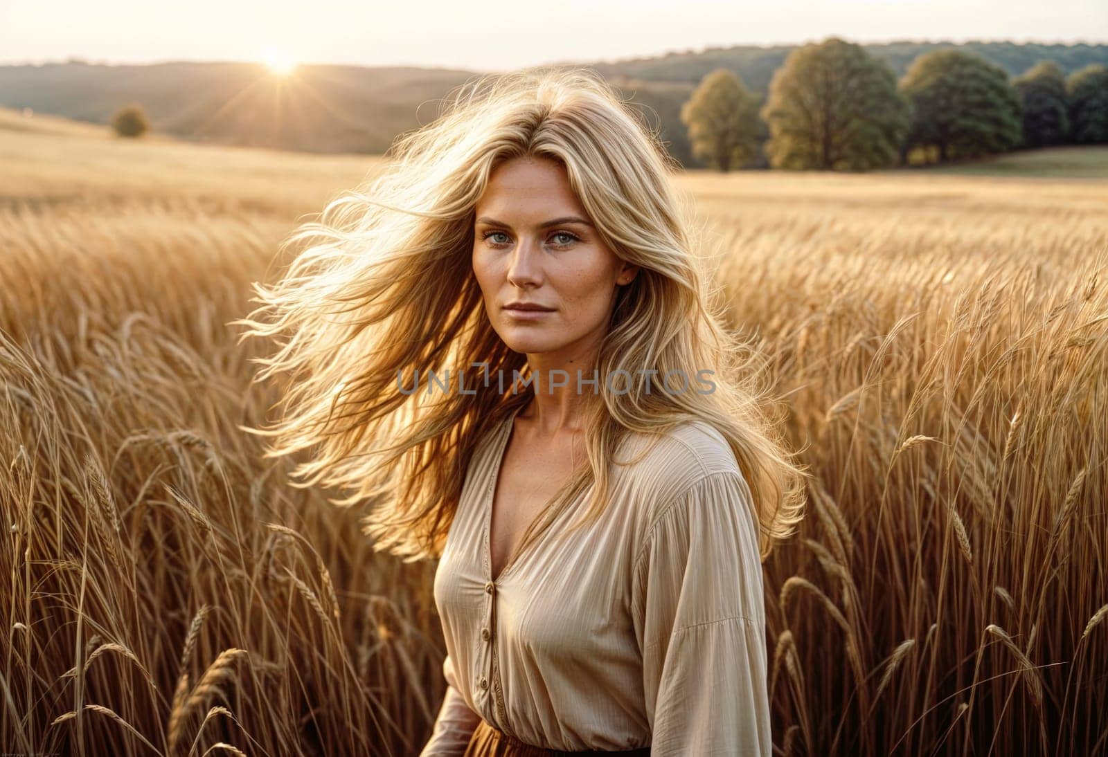 AI generated of a beautiful blonde woman in a field of wheat