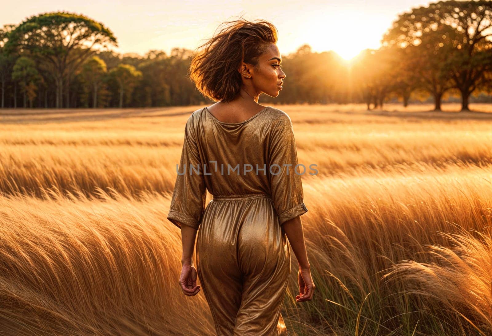 AI generated of a woman in a gold dress walking through a field
