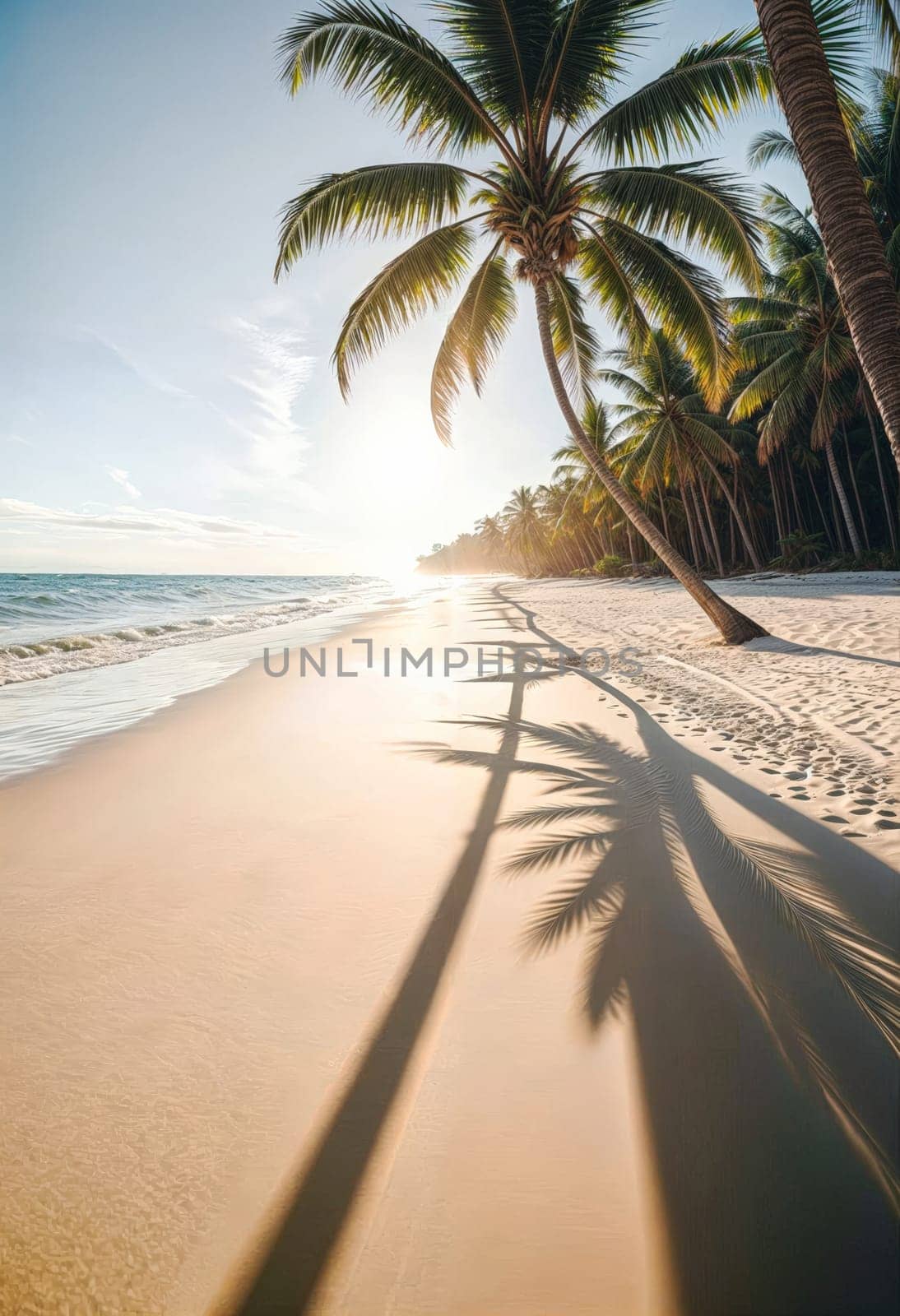 AI generated of palm trees on the beach at sunset with footprints on the sand
