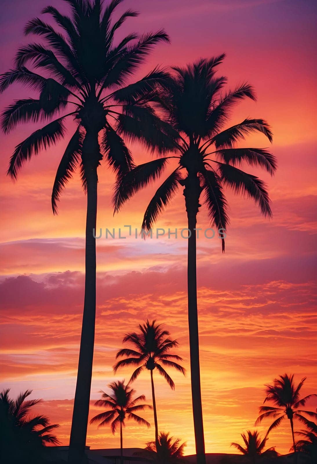 AI generated of silhouette of palm trees in the sunset at the beach