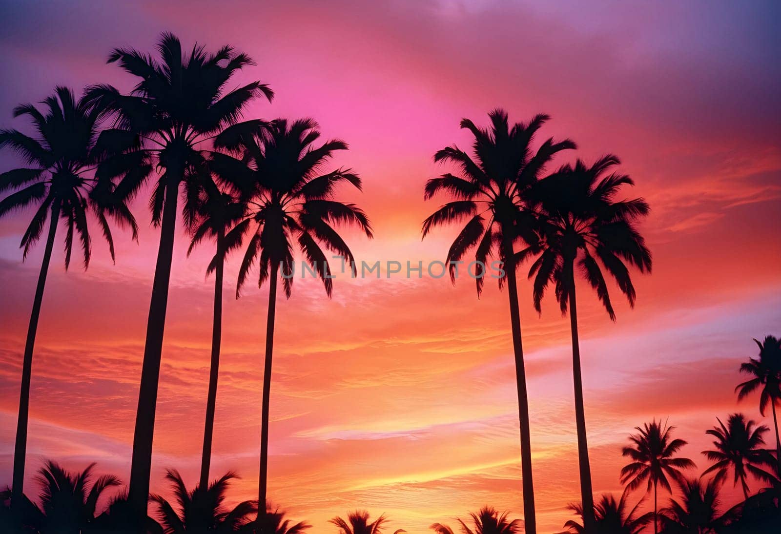 AI generated of silhouette of palm trees in the sunset with a colorful sky
