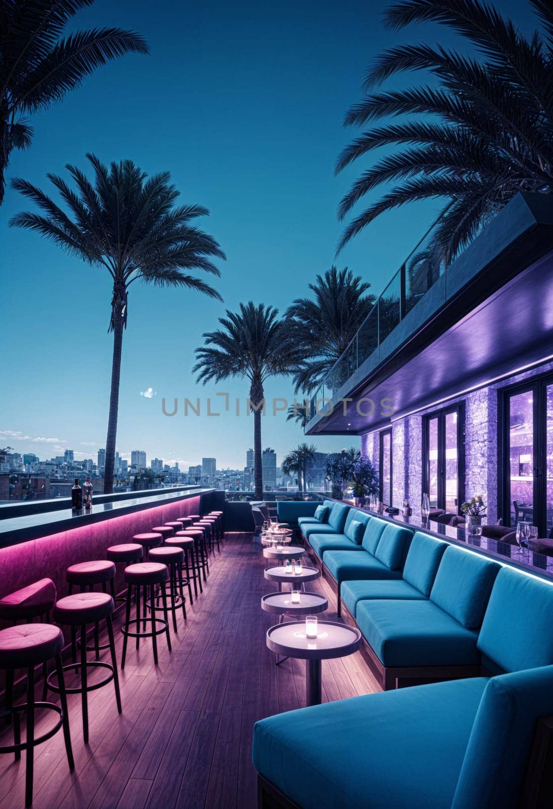 AI generated of a bar with purple lighting and palm trees