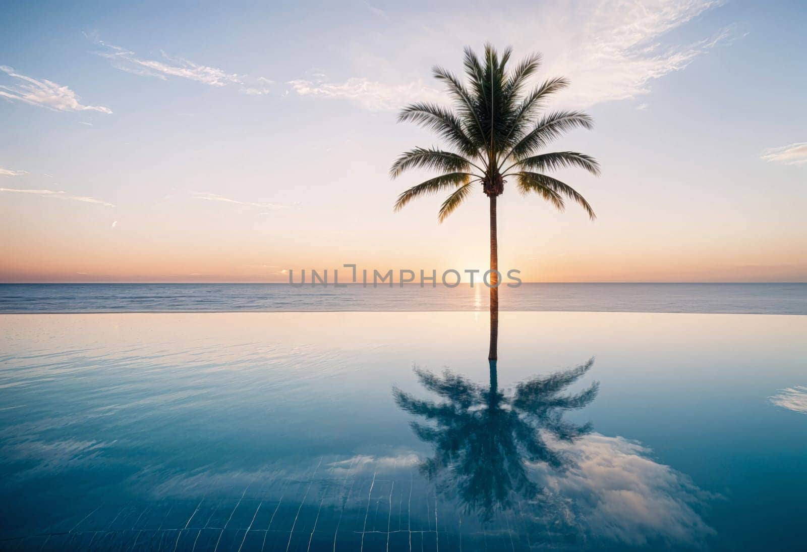 AI generated of a palm tree stands in the middle of a pool at sunset