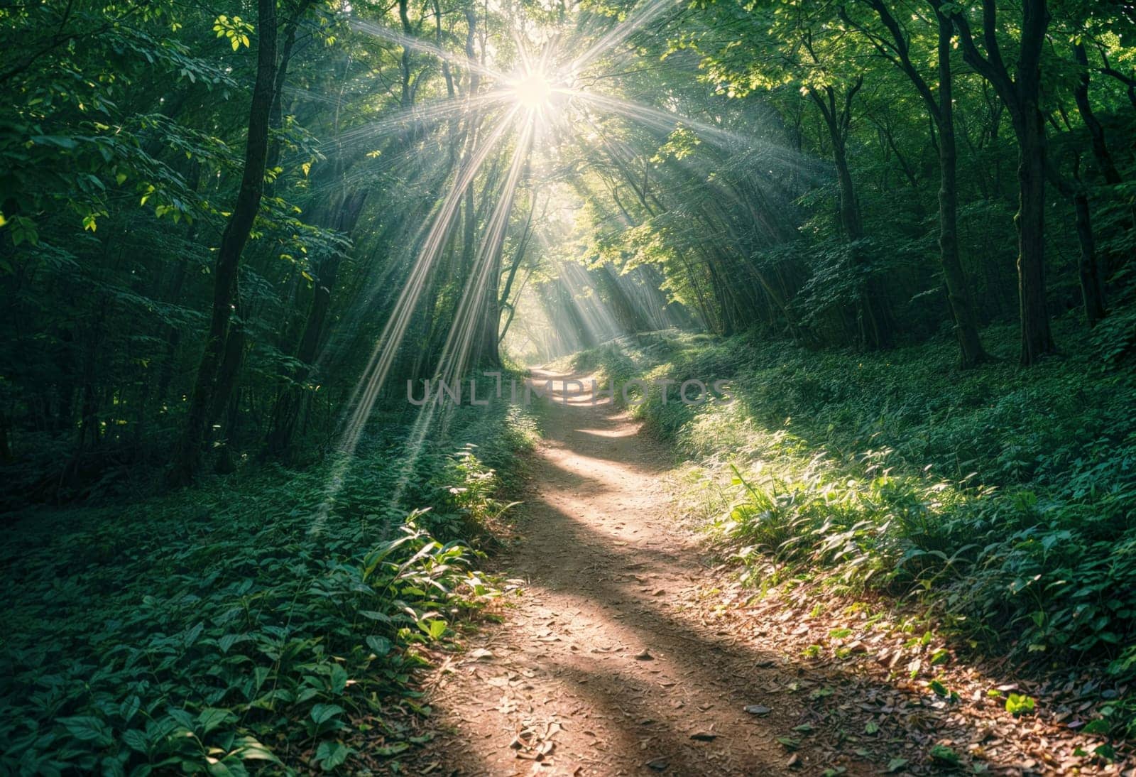 AI generated of a dirt path in the woods with sunlight shining through the trees