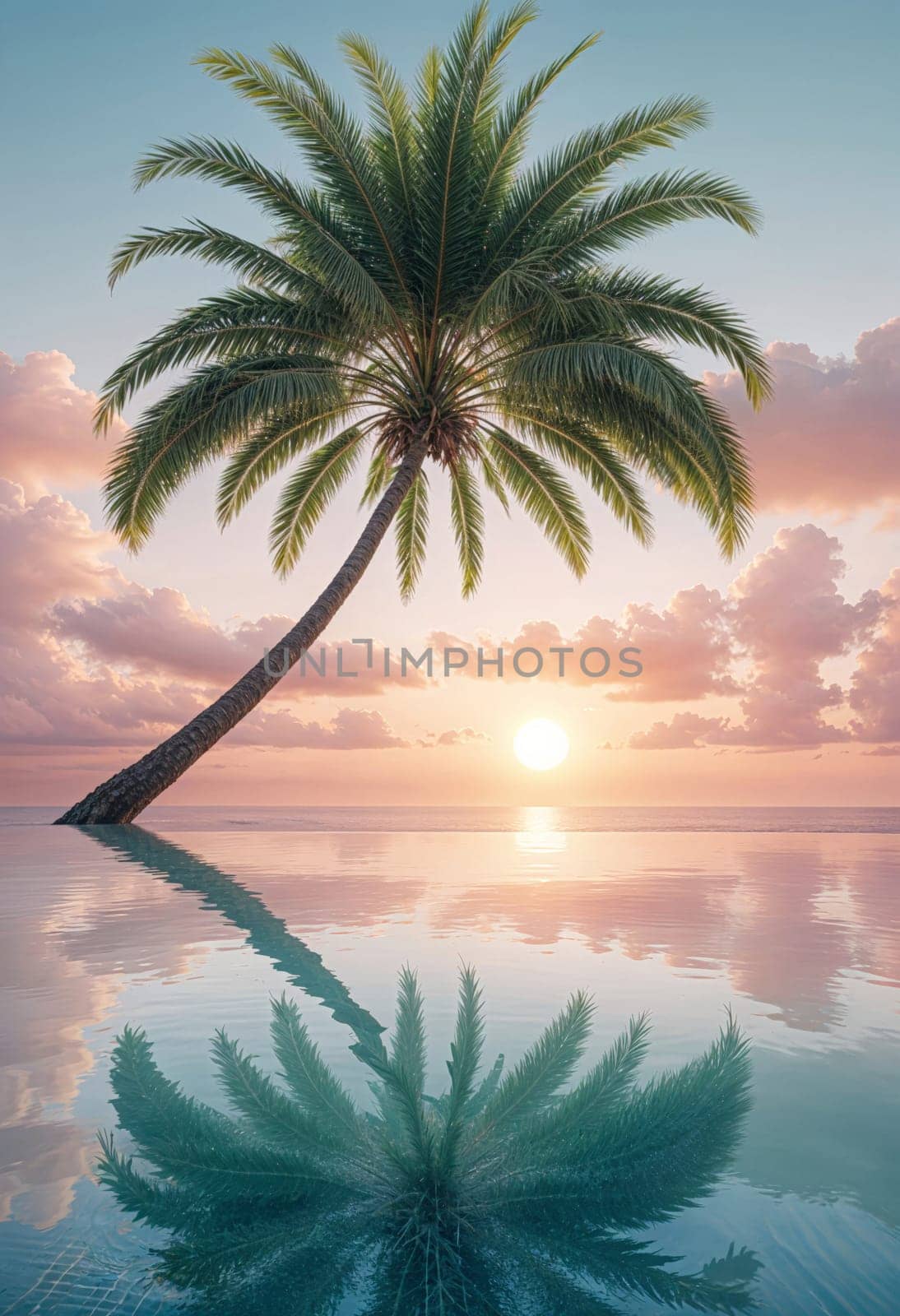 AI generated of palm tree reflection on the pool water at sunset
