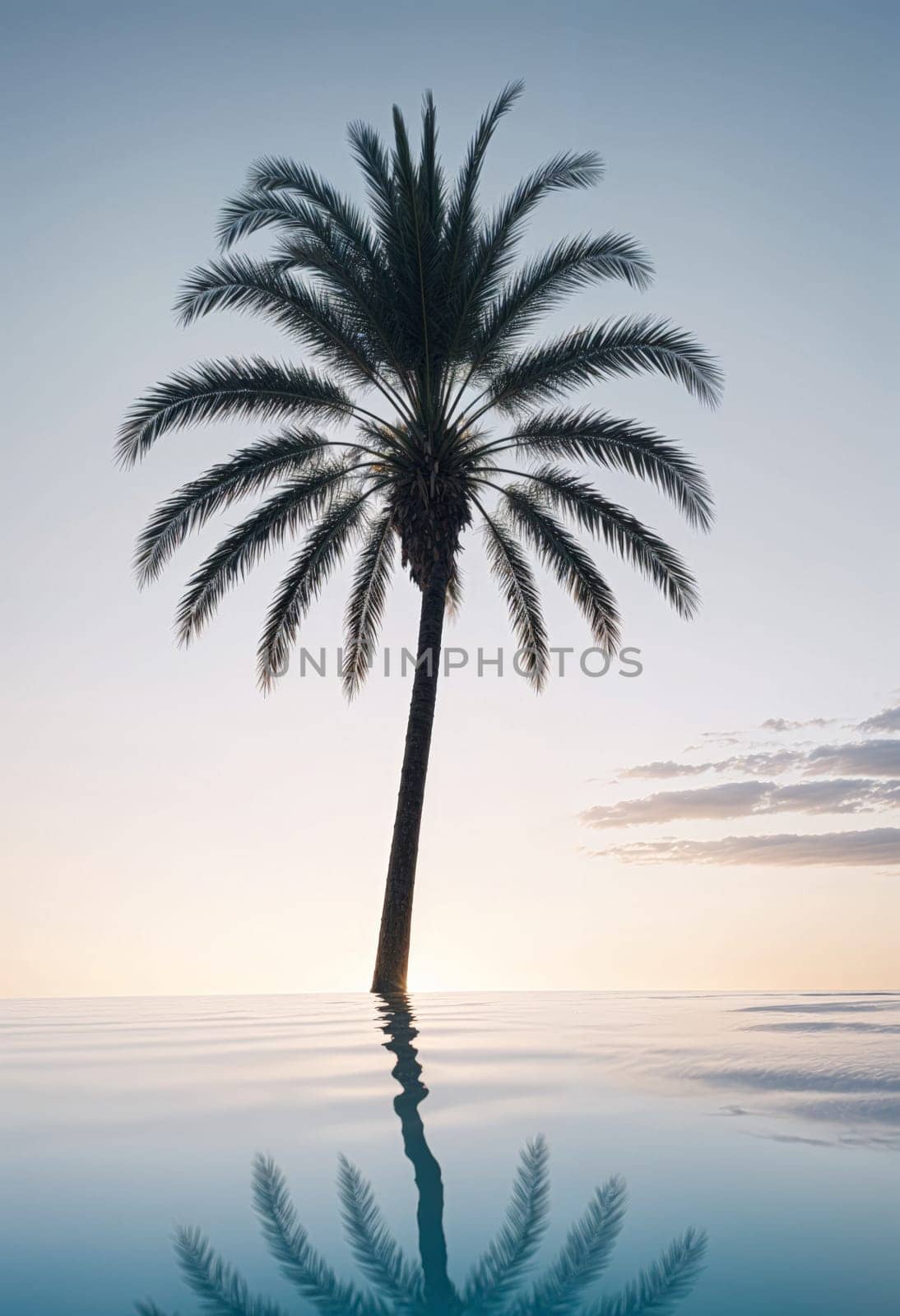 AI generated of a palm tree is reflected in the water with the sun setting behind it